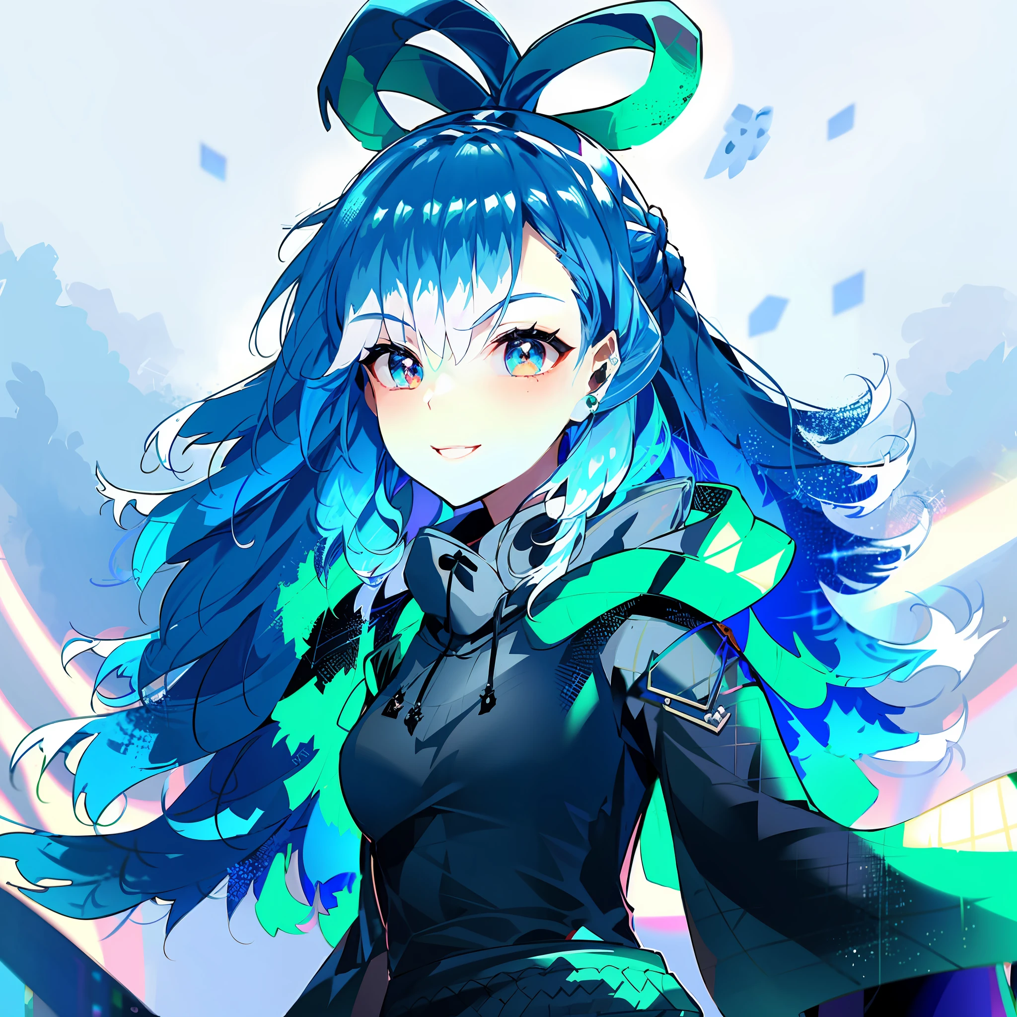 Best Quality, 1 Girl, EULA (Genshin Shock), Blue Hair, Blonde Eyes, Short Hair, Black Headband, Hair Accessories, Look at the Audience, Blue Tie, Snowflakes, Waves, Smile, Cyberpunk