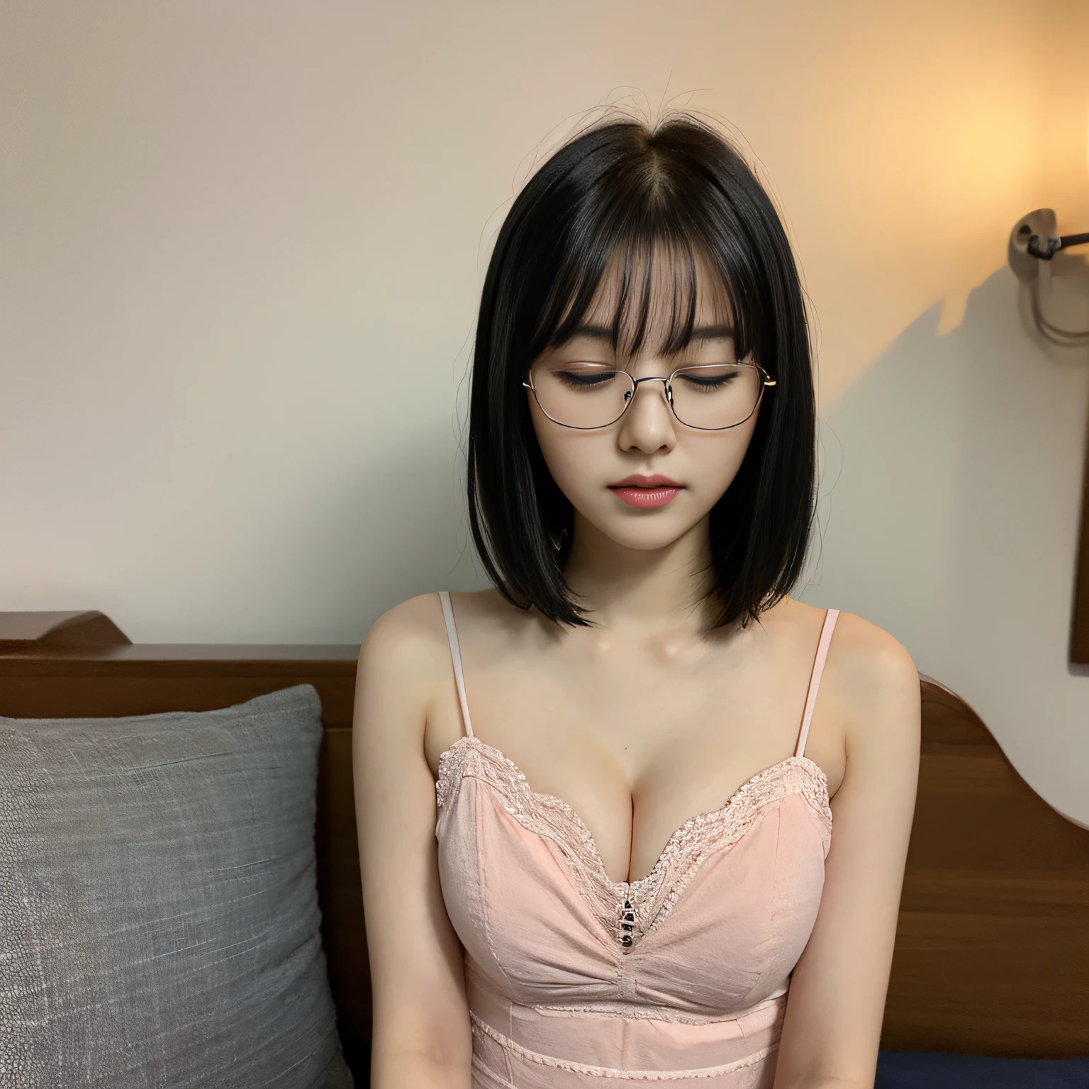 1girl, Cute, 20 years old, Look at the viewer, photo, Realistic, Hire, Detailed face, Detailed background, Diffuse lighting, Shy, black hair, Short hair,depth of field, Top quality, High Definition, UHD ,cleavage, glasses, bedroom, bed, closed eyes