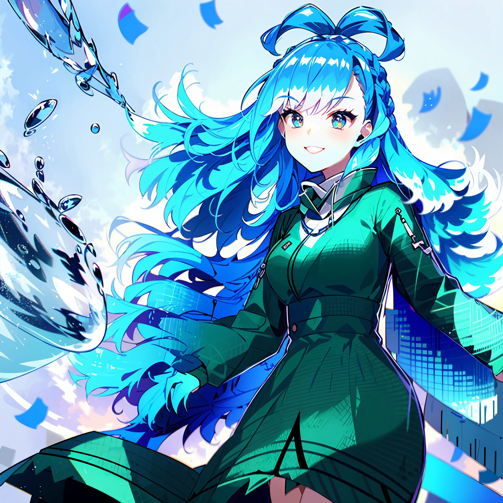 Best Quality, 1 Girl, EULA (Genshin Shock), Blue Hair, Blonde Eyes, Short Hair, Black Headband, Hair Accessories, Look at the Audience, Blue Tie, Snowflakes, Waves, Smile, Cyberpunk