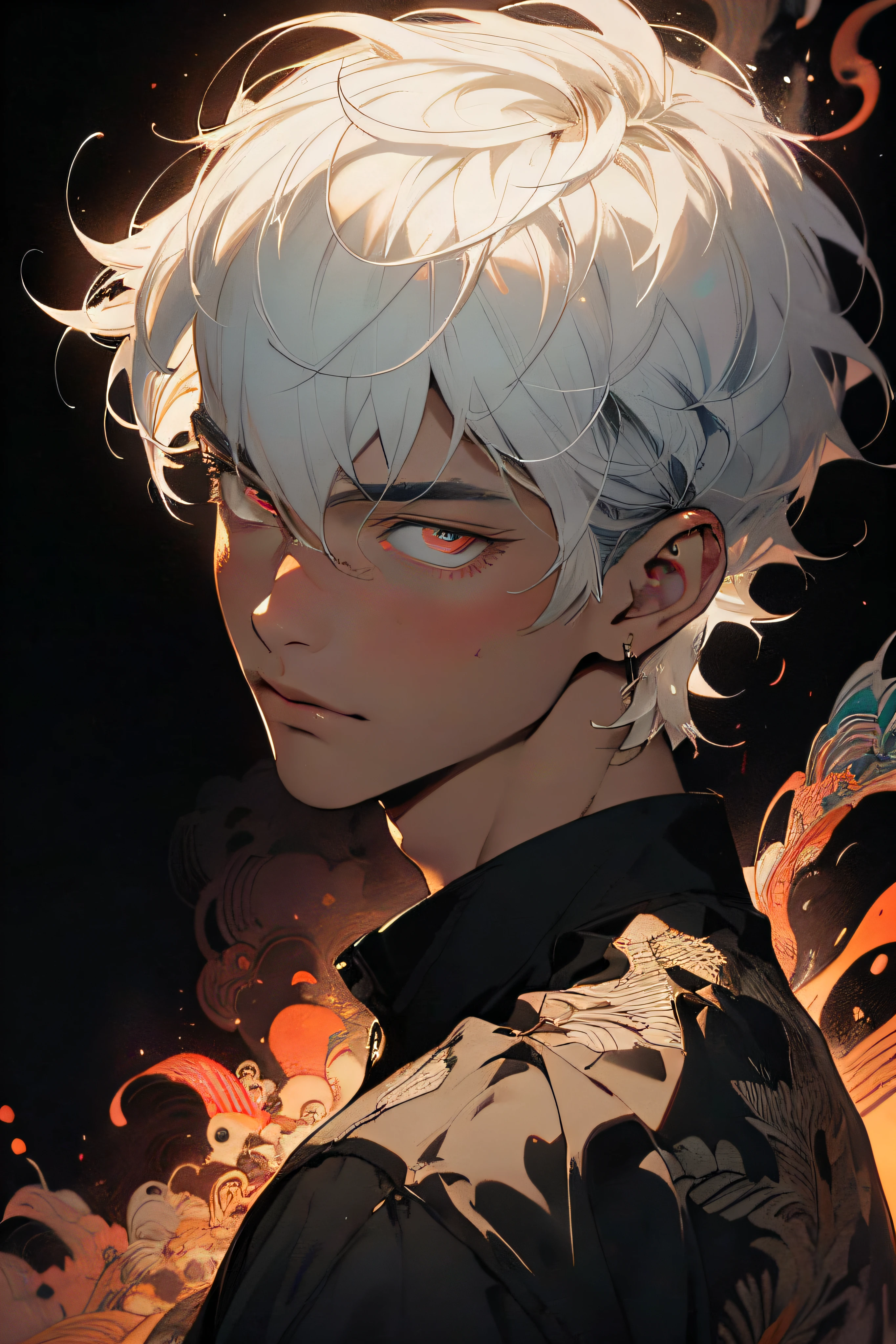 Realism, masterpiece, best quality, beauty and aesthetics, very detailed, fractal art, colorful, most detailed, zentangle, abstract background: 1.5, 1 boy: 1.3, god, white hair, short hair, glowing red eyes, mysterious, magical, ice, handsome man, asian style