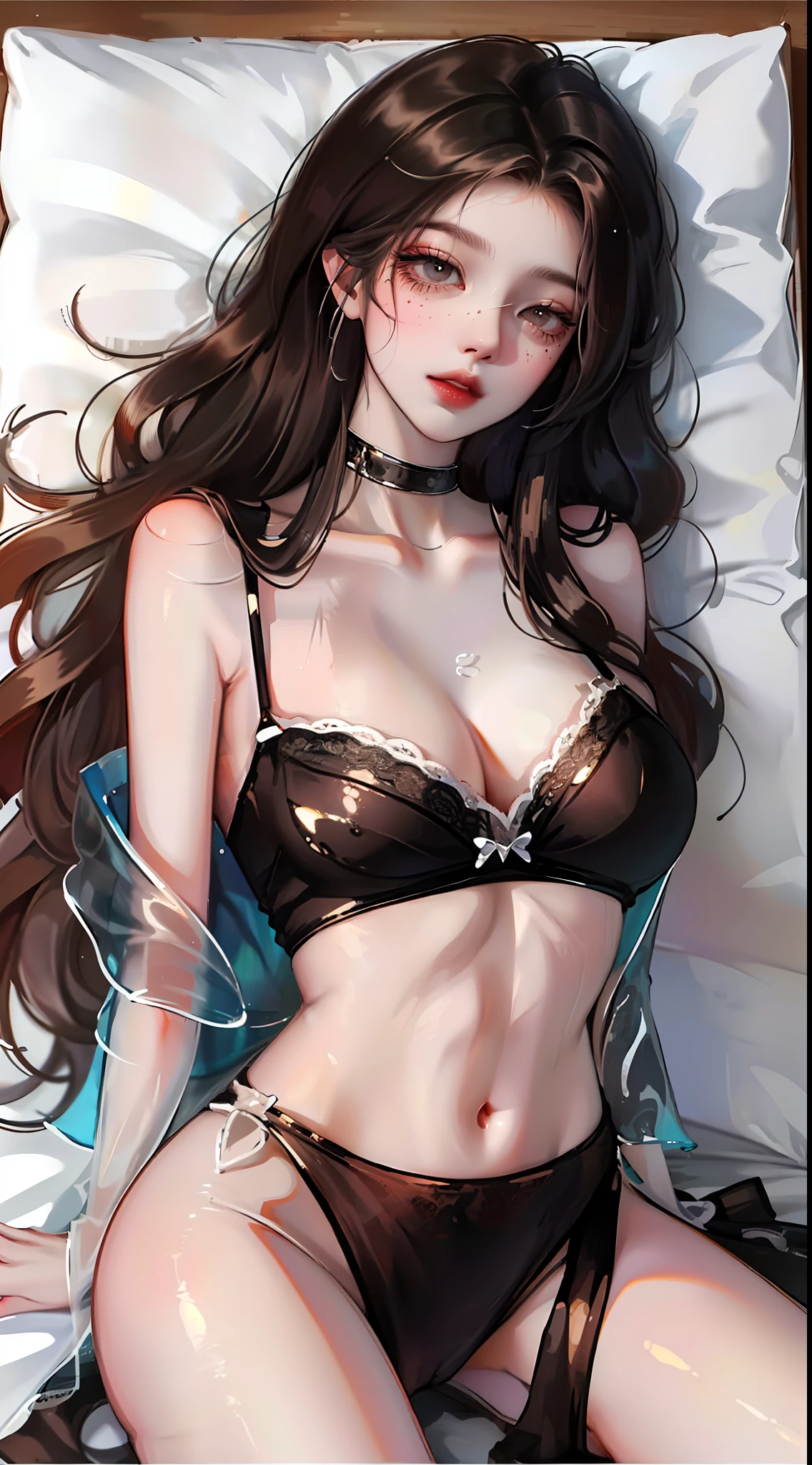 (Best Quality, 8k, 32k, Masterpiece, UHD:1.3), (Photo of Attractive Korean Woman), 1 Girl, (super huge Boobs:1.2), (long wavy hair), Abs, Perfect Body, Ultra Detailed Face, Detailed Lips, Lust heart-eyes, double eyelids, lying down on the bed, (seductive), ((aroused:1.5)), ((areolae slip)), Full body, lingerie, high stokcking, MILF, side tie t-back, wet skin, see-through dress