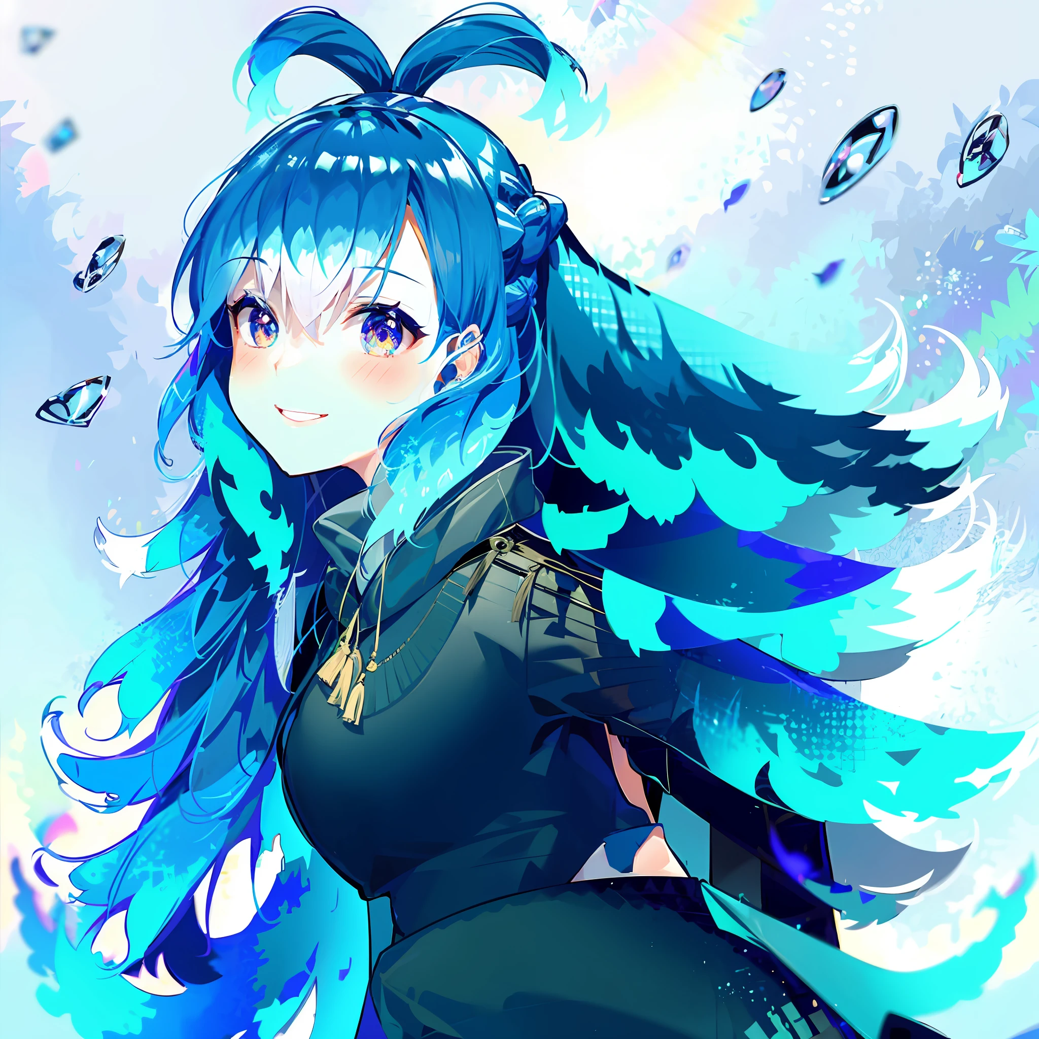 Best Quality, 1 Girl, EULA (Genshin Shock), Blue Hair, Blonde Eyes, Short Hair, Black Headband, Hair Accessories, Look at the Audience, Blue Tie, Snowflakes, Waves, Smile, Cyberpunk
