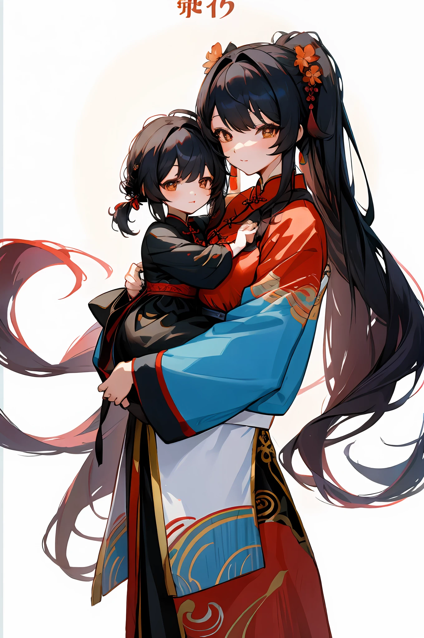 anime image of two women dressed in traditional china clothing in Fall, Cheongsam, palace a girl in hanfu, wlop and sakimichan, long hair, twintails, black haired deity, characters from azur lane, anime fantasy illustration, from the azur lane videogame, genshin, artwork in the style of guweiz, cultivator detailed art, two beautiful anime girls, mother and child, symbol of maternal love, mother and child, such as photos of mother and child