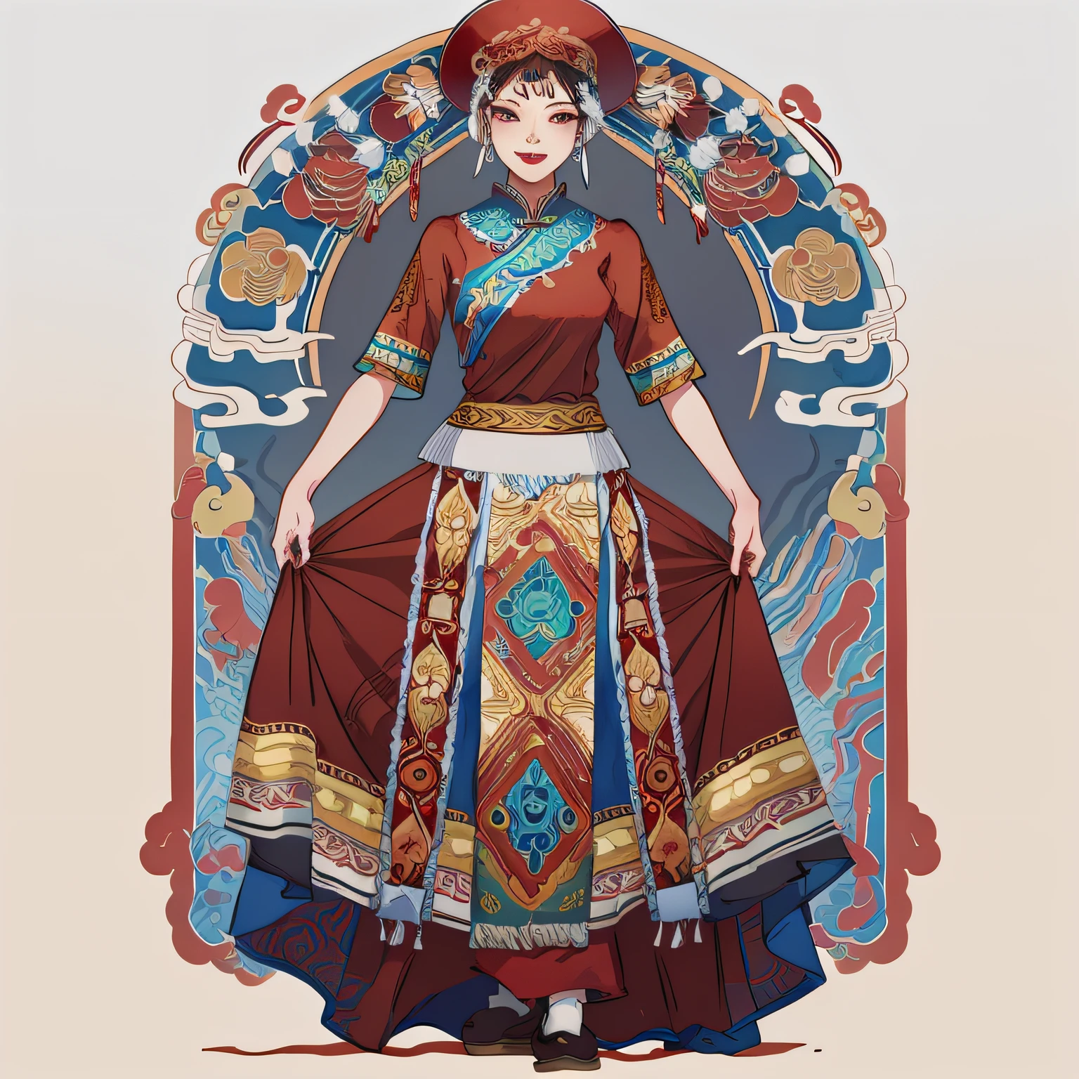 Hand drawn illustration, Chinese style illustration, a woman in a red dress and hat is posing, round hat with silver decoration on the hat, on traditional clothing, traditional costumes, traditional Chinese costumes, traditional Chinese costumes, ethnic minorities, ethnic costumes, authentic costumes, high quality theatrical costumes, classical patterns, high quality costumes, with ancient Chinese costumes, ethnic, wearing authentic costumes, inspired by Dai Xi