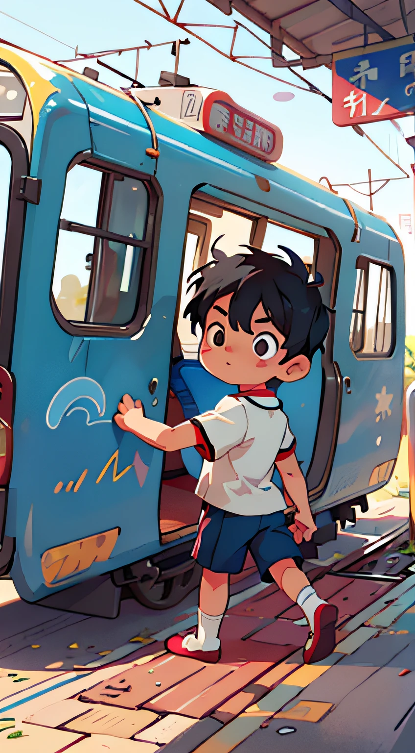raw, 8k, masterpiece, complex background, best quality, super detailed, illustration, (1 little boy: 1.2), (by train), black eyes, black hair, white short sleeves, blue shorts, white socks, round face, Chinese, full body