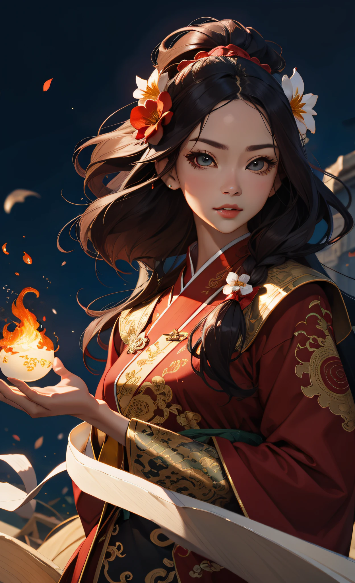 1girl, liuyun, fire ball, long hair, floating hair, hair flower, eastern dragon, red and white, upper body, looking at viewer,