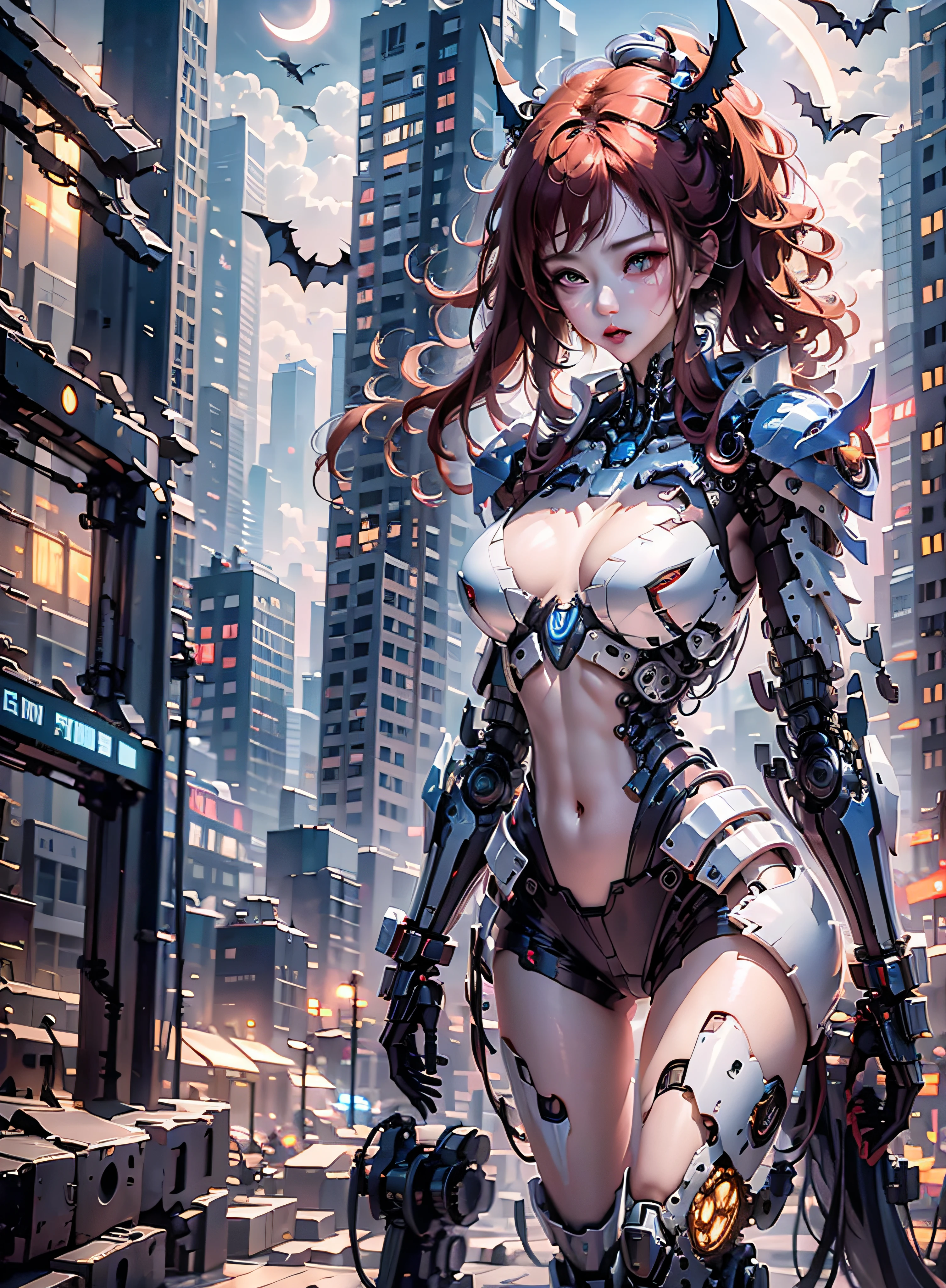 High definition (4k), Beautiful woman detailed defined body, red hair, full body  pose wearing batman cosplay, , high tech blue uniform, cyberpunk, futuristic, scenery with night sky with clouds, moon, bats,