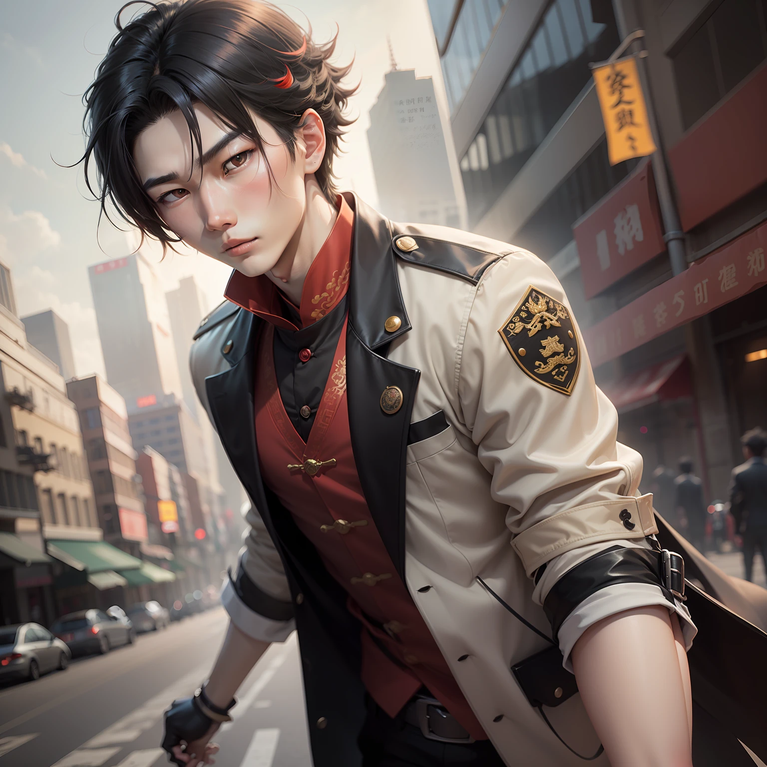 Chinese young man detective with average height, pale skin, black hair, brown eyes, and red streaked hair, in a highly detailed anime style artwork.