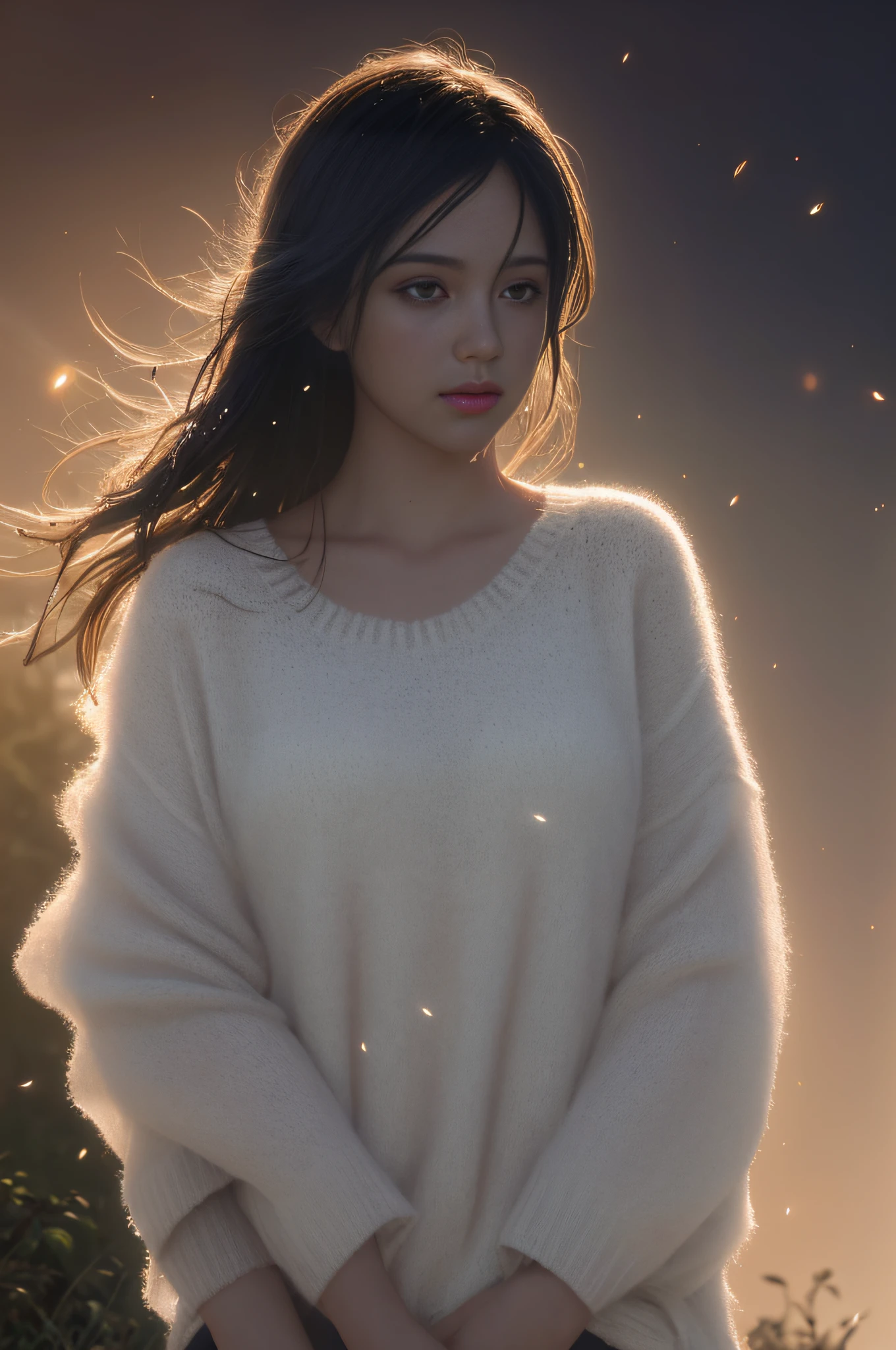 icelandic sweater, wet panties, landscape, dust, sunrays, fireflies, hazy, dreamy, bathing in light, backlighting, romantic mood, dusty highway, flowers in wind, fog, haze, humid, rose petals, covered in flowers and petals, godrays, cozy, morning dew, backlighting, hazy, golden hour, morning light, countryside, shy, masterpiece, best quality, ultra-detailed, solo, smoke, shadows, contrast, close-up, cinematic light, side lighting, ultra high resolution, best shadow, RAW, 4k