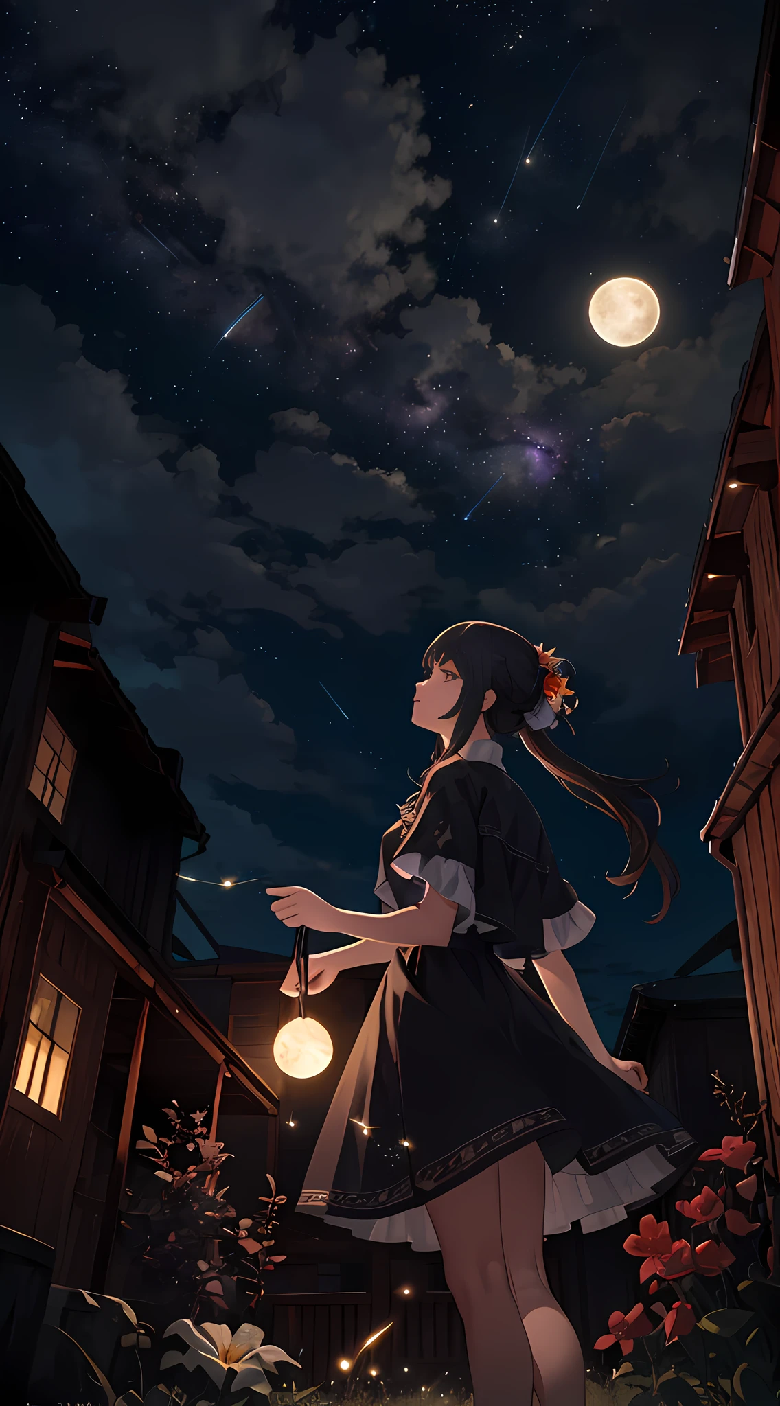 Vast landscape photo, (viewed from below, the sky is above and the open field is below), a girl standing on a flower field looking up, (full moon: 1.2), (meteor: 0.9), (nebula: 1.3), distant mountains , Trees BREAK Crafting Art, (Warm Light: 1.2), (Fireflies: 1.2), Lights, Lots of Purple and Orange, Intricate Details, Volumetric Lighting, Realism BREAK (Masterpiece: 1.2), (Best Quality), 4k, Ultra-Detailed, (Dynamic Composition: 1.4), Very Detailed, Colorful Details, (Rainbow Colors: 1.2), (Glow Lighting, Atmospheric Lighting), Dreamy, Magical, (Solo: 1.2)