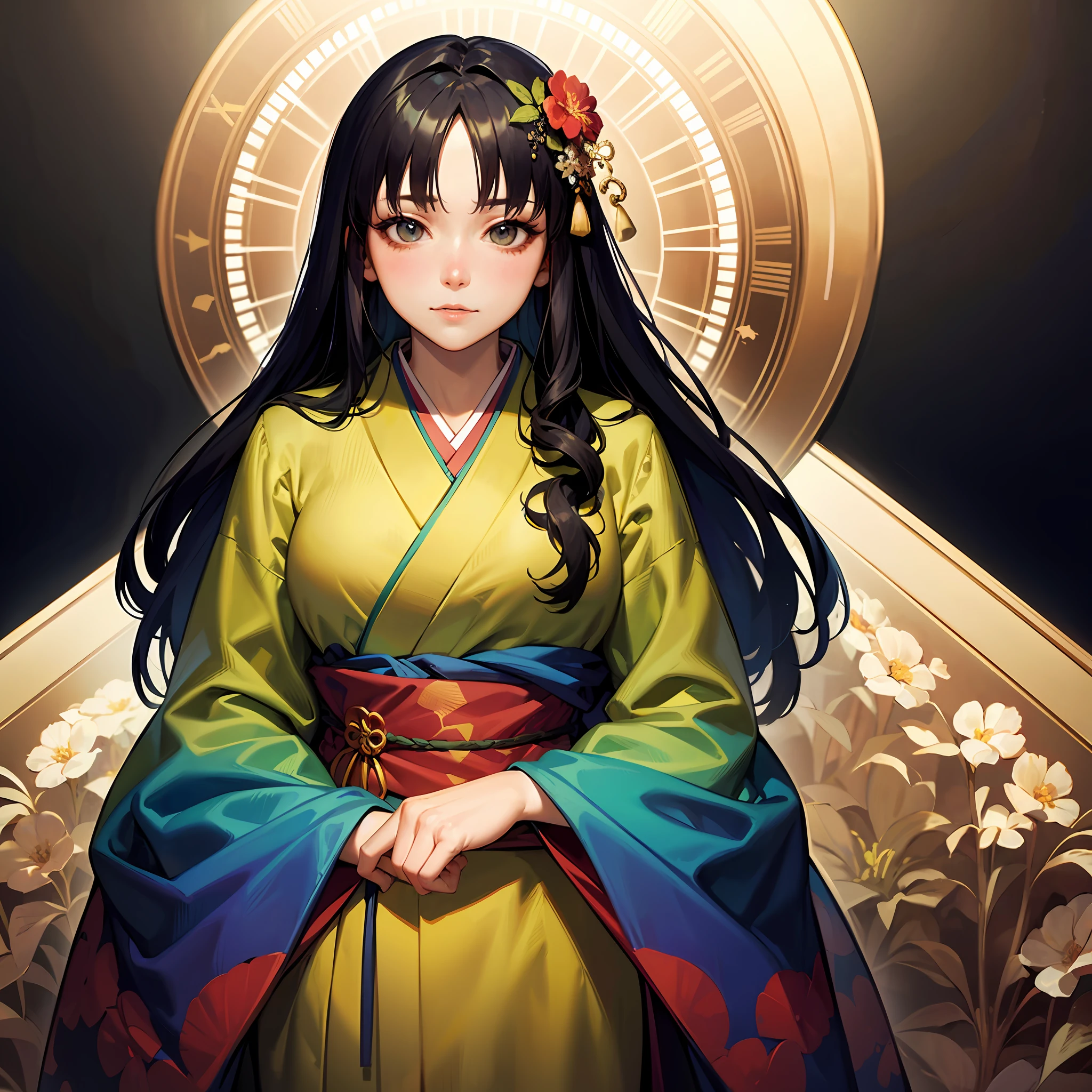 Face portrait of Japan woman in kimono, black hair, flower frame, decorative panel, abstract art, by Alphonse Mucha (masterpiece, highest quality, high resolution: 1.4), detail, intricate details, 4K, color splash, line art, Fibonacci, --auto