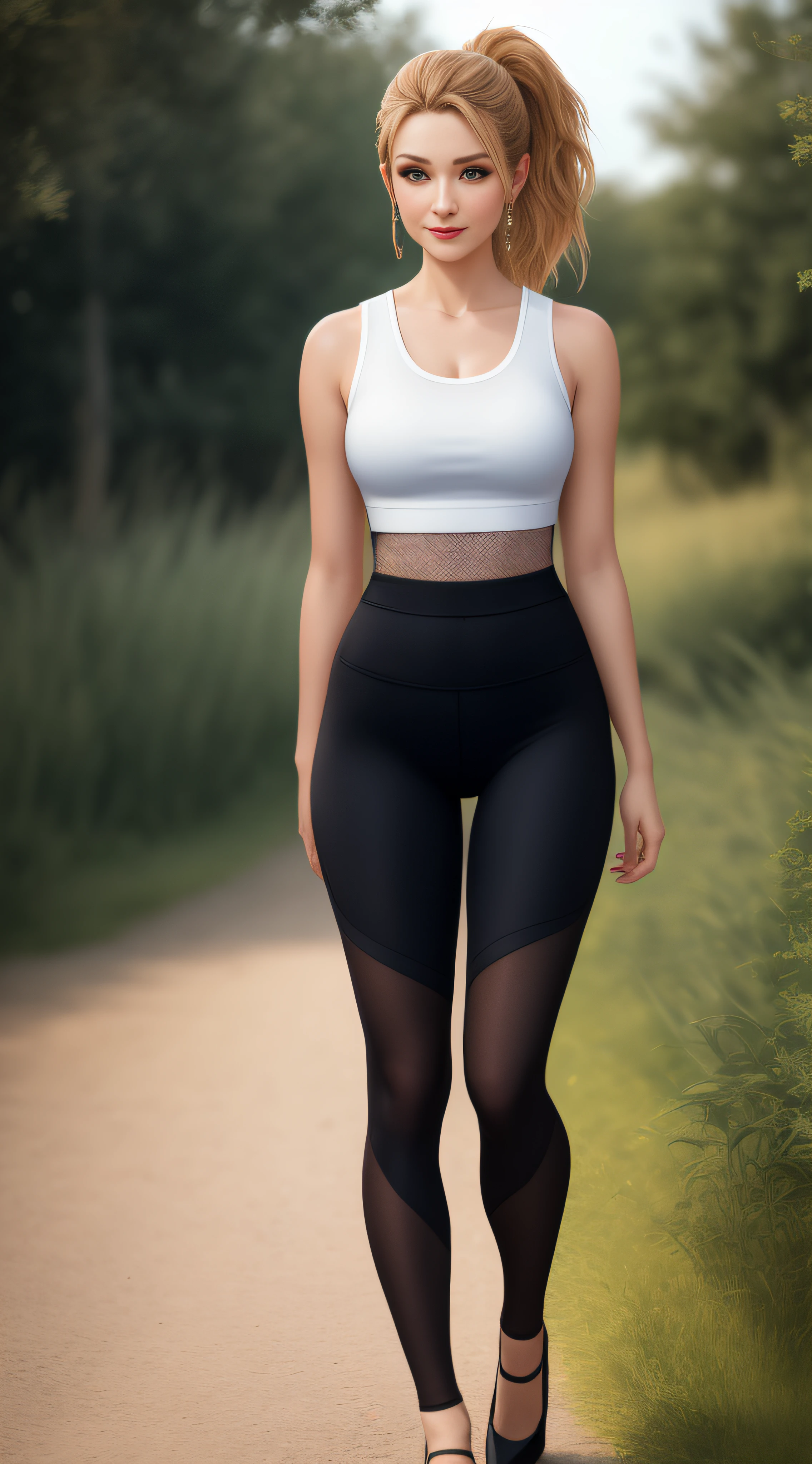 Masterpiece, absurd, HDR, highly detailed eyes and face, smile, beautiful nod_woman, a short golden ponytail, woman in white mesh vest, white mesh leggings, perfect nod_body, perfect nod_face, (same character, front), (full body: 1.6), best quality, super high resolution, blurred background, countryside, outdoors, (bokeh: 1.1), skyline, (reality: 1.4), looking at the audience, golden proportions, broad shoulders, narrow waist, double eyelids, high heels, (standing: 1.3), facing viewer, full body photo (FLS), arms at sides, single, vanishing point