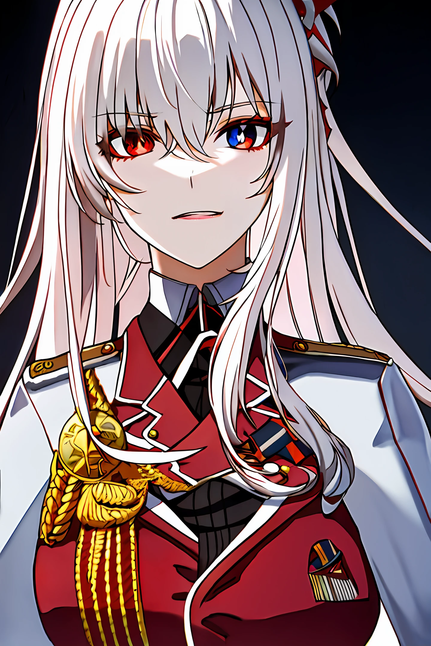 Anime girl, detailed, exquisite, masterpiece, white hair, eyes as red as blood, oppression, German officer, military uniform, black silk,