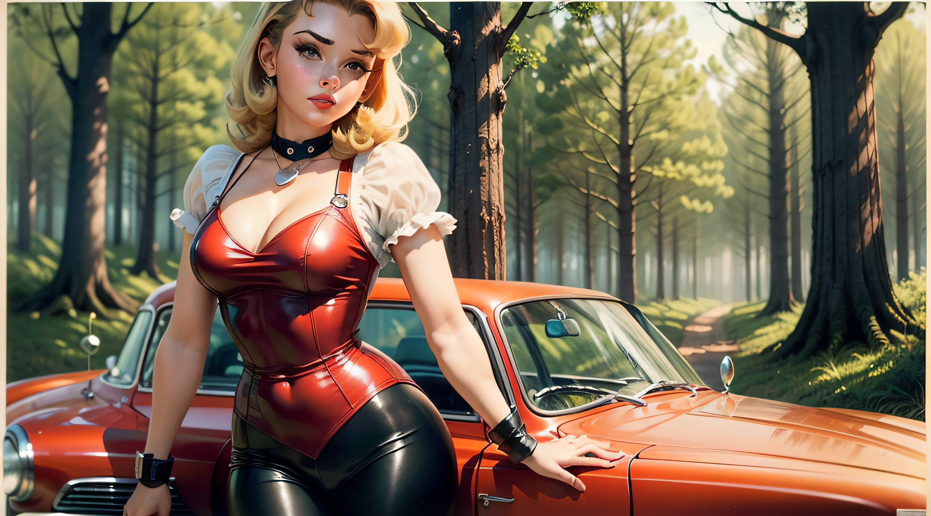 (top quality), retro 1950s gentleman middle age man driver leaning on red color european (german, czech, france) car holding, on the forest road, 1970retrofuturism, pinup style, car, retrofuturism, vintage, retro pinup model, 1950s illustration popart style, pin-up poster man, pinup, pinup art, pin up style poster, pin up, pinup model, beautiful retro art