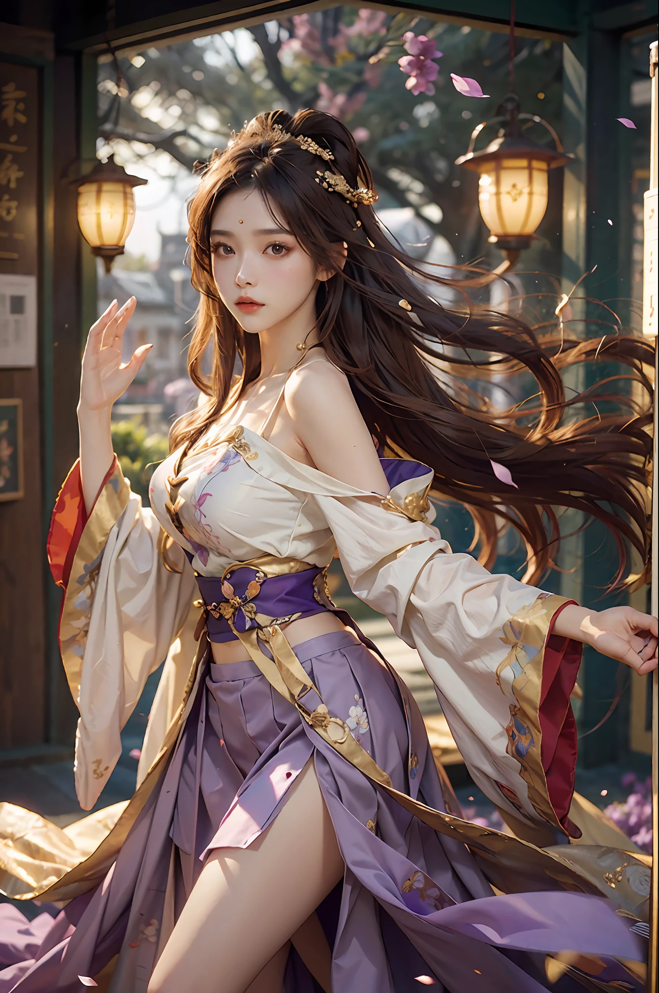 Superb Quality, Masterpiece, High Resolution, (Exquisite Body: 1.5), Beauty, Bare Shoulders, Oversized Breasts (2.5) Wide Buttocks, Thin Waist, Stunning Beauty, (Milky Skin: 1.3), Exquisite Details, High Resolution, Wallpaper, 1 Woman, Solo, Dress, Hair Accessories, (((Golden Purple Skirt)), Flower, Long Hair, Brown Hair, Shut Up, Accessories, Long Sleeves, Raised Hands, Wide Sleeves, Big Eyes, Flowing Hair, Hanfu, Hanfu, Embroidery, Long Dress, Natural Pose, Falling Petals, Indoor, Fanning, Lantern, 16K, HDR, High resolution, depth of field, (film grain: 1.1), Bocon, prime time, (lens flare), vignetting, rainbow, (color grading: 1.5)