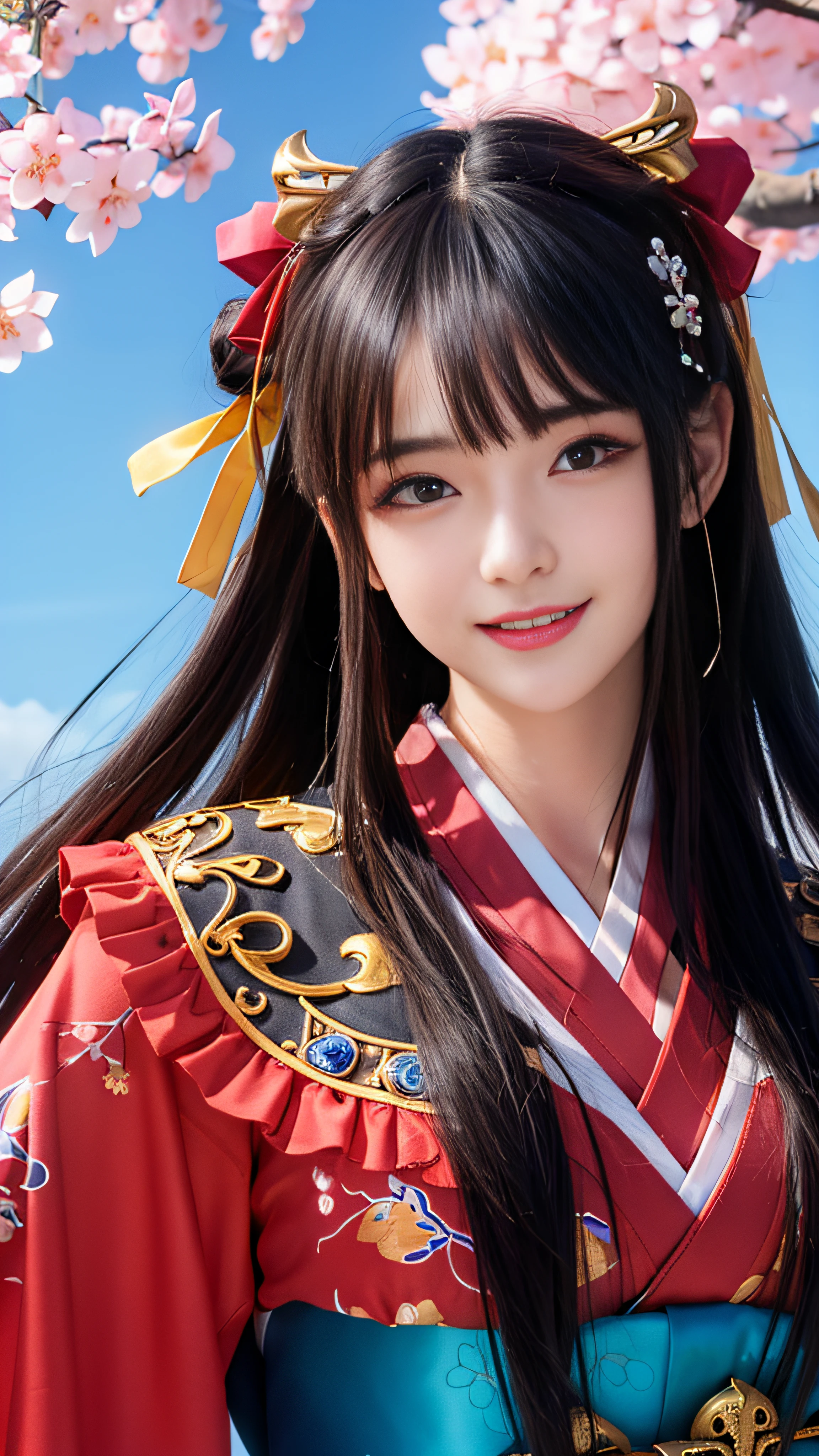 (upper body close-up:1.5) ,colorful startrails,((Cherry blossoms)),(shrine),solo,neat figure,(young girl),(long hair),(golden_eyes),(brown hair),(beautiful detailed eyes),((japanese_clothes)),A rock with runes,ribbon,hair ribbon,bell,hair ornament,hair bow,(ray tracing),reflection light,(((masterpiece))),((Clear picture)),(ahoge),ray tracing,(best quality), ((masterpiece)),(highres), original, extremely detailed 8K wallpaper, {an extremely delicate and beautiful},incredibly_absurdres,colorful,intricate detail,{best quality}, {{masterpiece}},Smile:1.1,