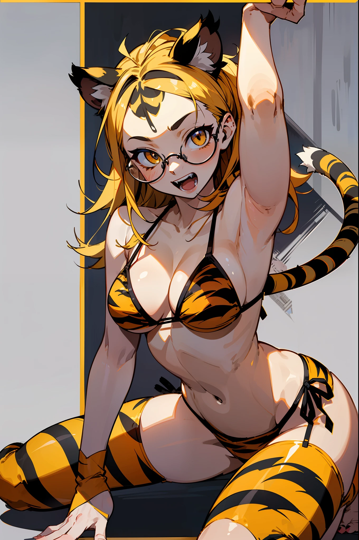 master-piece,hyper quality, hyper detailed,perfect drawing,1 beautiful girl,((glasses))),((hairstyle that sticks out forehead),((tiger print bikini)),(tiger print bikini),(tiger ears)(tiger tail),(tiger arms),(tiger legs)(tiger fingers), sharp claws, sharp fangs, hunter's eyes aiming at prey, black and blonde mesh, sharp eyes, Height 177cm, Measurements B95W60H90, kneeling, pow pause