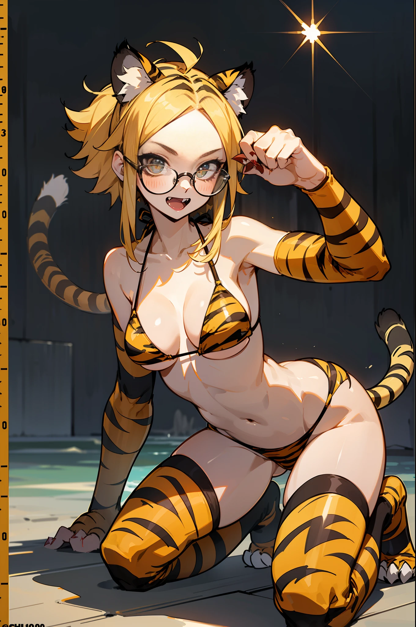 master-piece,hyper quality, hyper detailed,perfect drawing,1 beautiful girl,((glasses))),((hairstyle that sticks out forehead),((tiger print bikini)),(tiger print bikini),(tiger ears)(tiger tail),(tiger arms),(tiger legs)(tiger fingers), sharp claws, sharp fangs, hunter's eyes aiming at prey, black and blonde mesh, sharp eyes, Height 177cm, Measurements B95W60H90, kneeling, pow pause