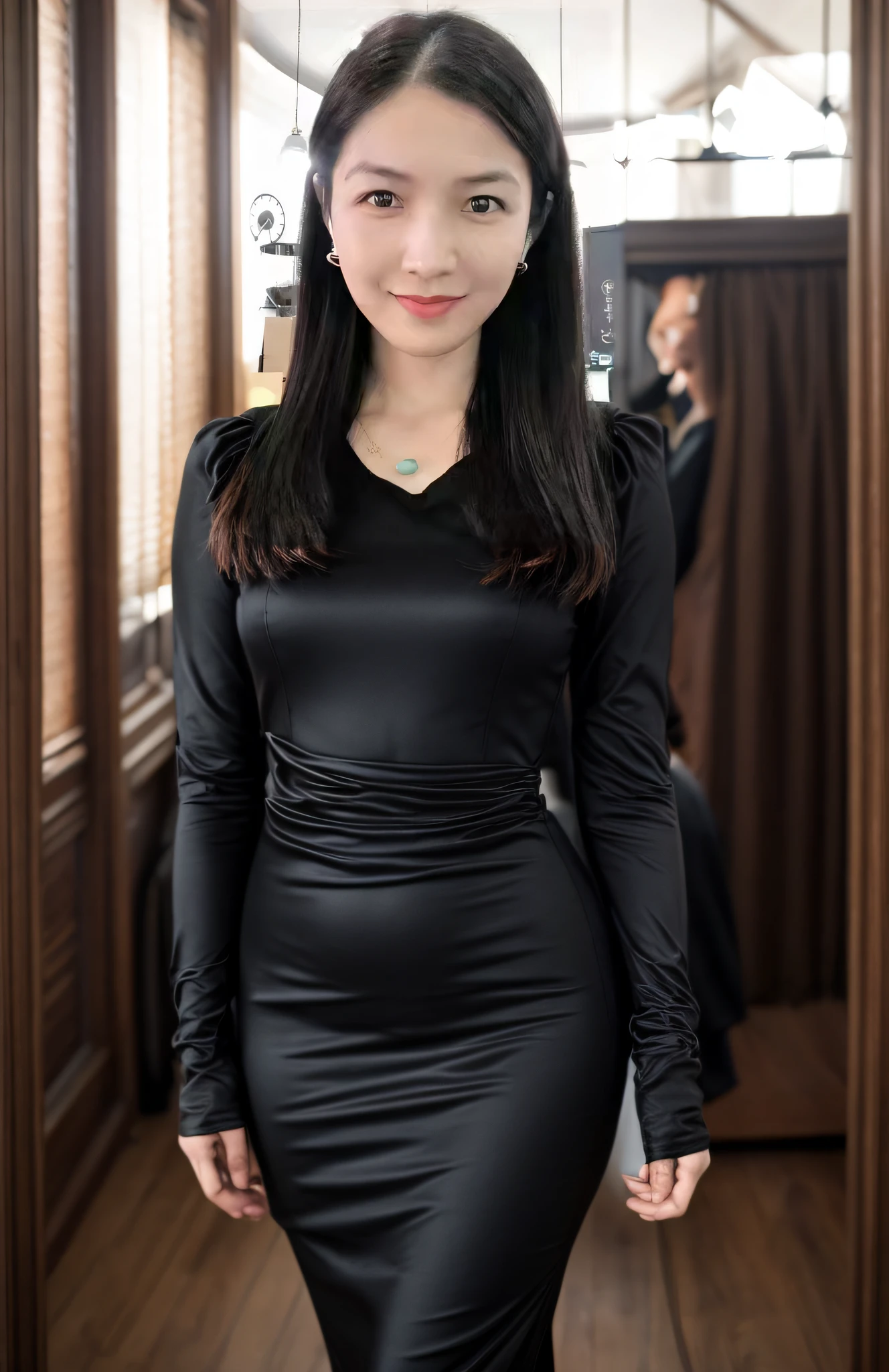 Asian female figure, voluptuous female figure, wide shoulders, elegant pose, long black silk dress with long sleeves, wraps all over, (fat, fat waist:0.2), medium breasts, POV waist.
(arms behind back:1.37), walking, relaxed, living room.
Contour light, soft light on front, realistic, realistic photo, RAW photo, sharp photo, 8k