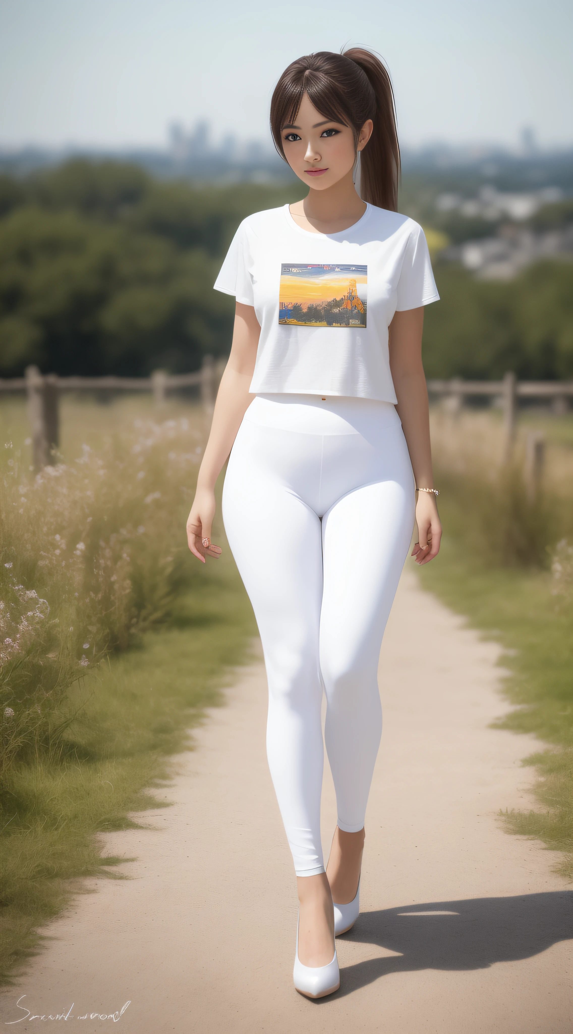 Masterpiece, Absurd, HDR, Highly detailed eyes and face, smile, beautiful nod_woman, a short gold ponytail, woman in white mesh T-shirt, white mesh leggings, perfect nod_body, perfect nod_face, (same character, front), (full body: 1.6), best quality, super high resolution, blurred background, countryside, outdoors, (bokeh: 1.1), skyline, (reality: 1.4), looking at the audience, golden proportions, broad shoulders, narrow waist, double eyelids, high heels, (standing: 1.3), facing viewer, full body photo (FLS), arms at sides, single, vanishing point