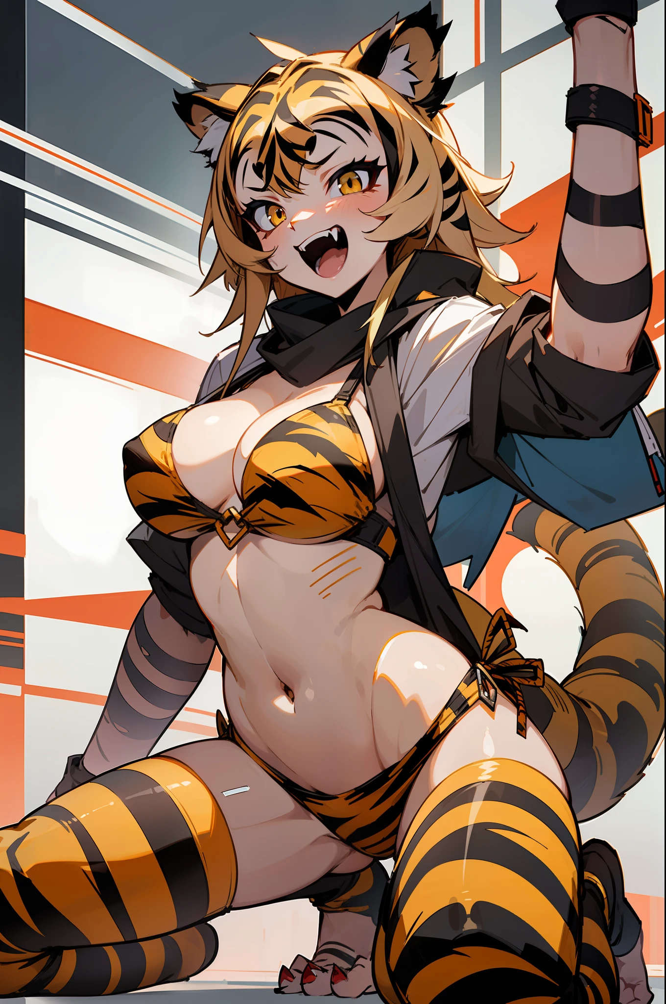 master-piece,hyper quality, hyper detailed,perfect drawing,1 beautiful girl,(((tiger print bikini)))), (tiger ears),(tiger tail),(tiger arm),(tiger leg),(tiger fingers)), sharp claws, sharp fangs, hunter's eyes aiming at prey, (black hair and blonde mesh), sharp eyes, height 177 cm, Three-size B95W60H90, kneeling, pow pause, red lotus,