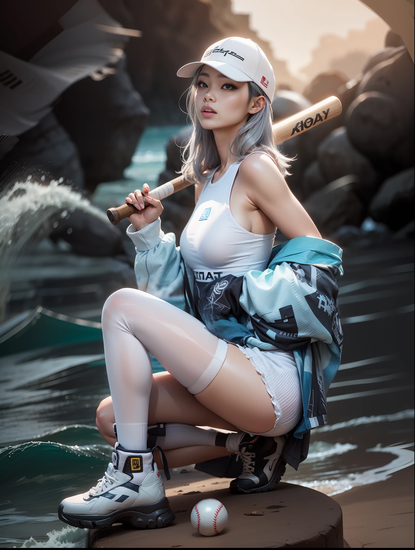 Korean female fashion model holding baseball bat in white shirt and blue shorts, beach background, ocean waves, blue sky white silver, photo of slim girl model, gorgeous young korean woman, korean girl, 24 years old female model, cute trackwear, smooth white tights suit, baseball cap, silver hair, moles under eyes, movie lighting, 8k, high resolution, best quality, textured skin, retina --auto