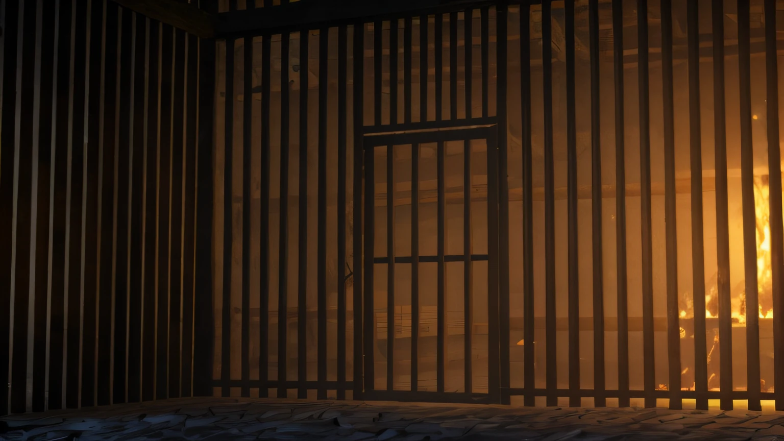 Prison, with wooden fences, burning wood braziers emit warm light. Concept Art, Eglon Vandernier, Dramatic Lighting Rendering, Concept, Volumetric Lighting and Fog, Octane Rendering Dynamic Lighting, Volumetric Fog and Lighting