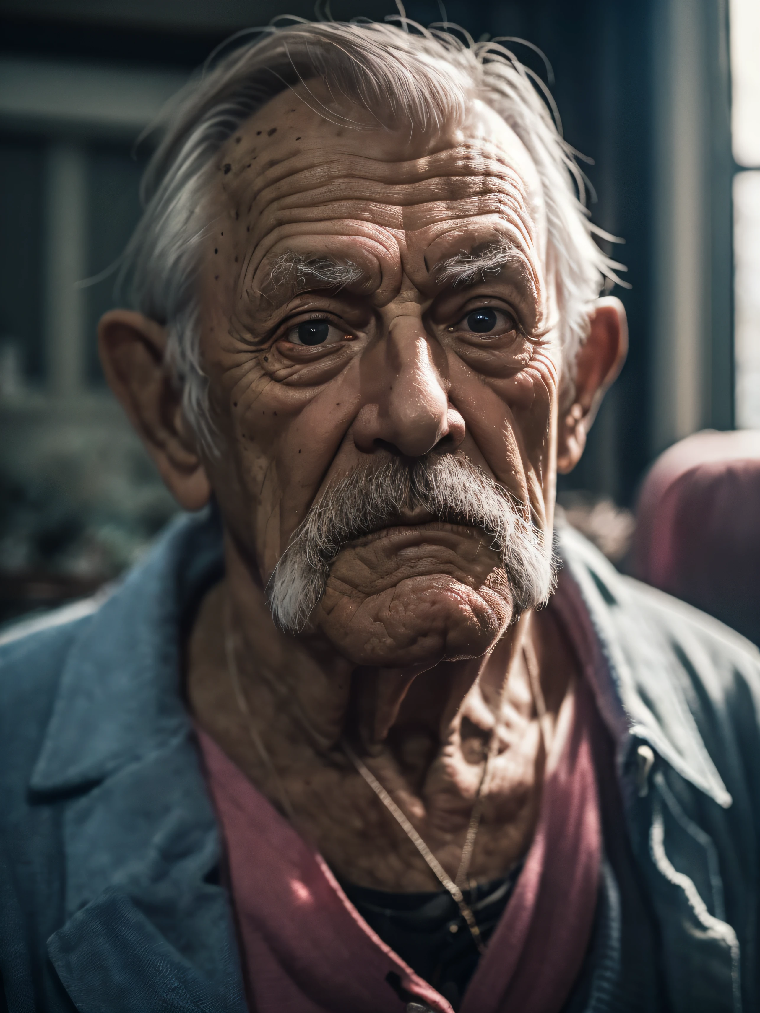 cinematic portrait photo of a very interesting iamerican old man inside a house, eyes focusup, highly detailed vfx portrait, taken with a full frame camera with a wild lens, in his hobbit home, ultra realistic, hyper detailed