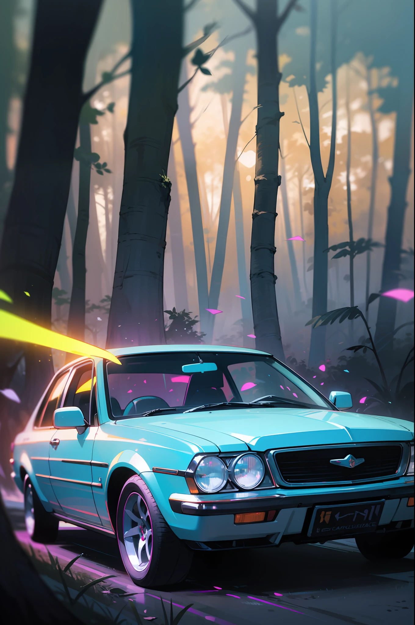 Masterpeace, BestQuality, car, in the woods, auto, auto, Bright colors, volumetric lighting, best shadows, shallow depth of field, (High quality, stunning details: 1.25), Brilliant colorful paintings, whimsical, magical, flicker, highlights, neon garland, 8k secret