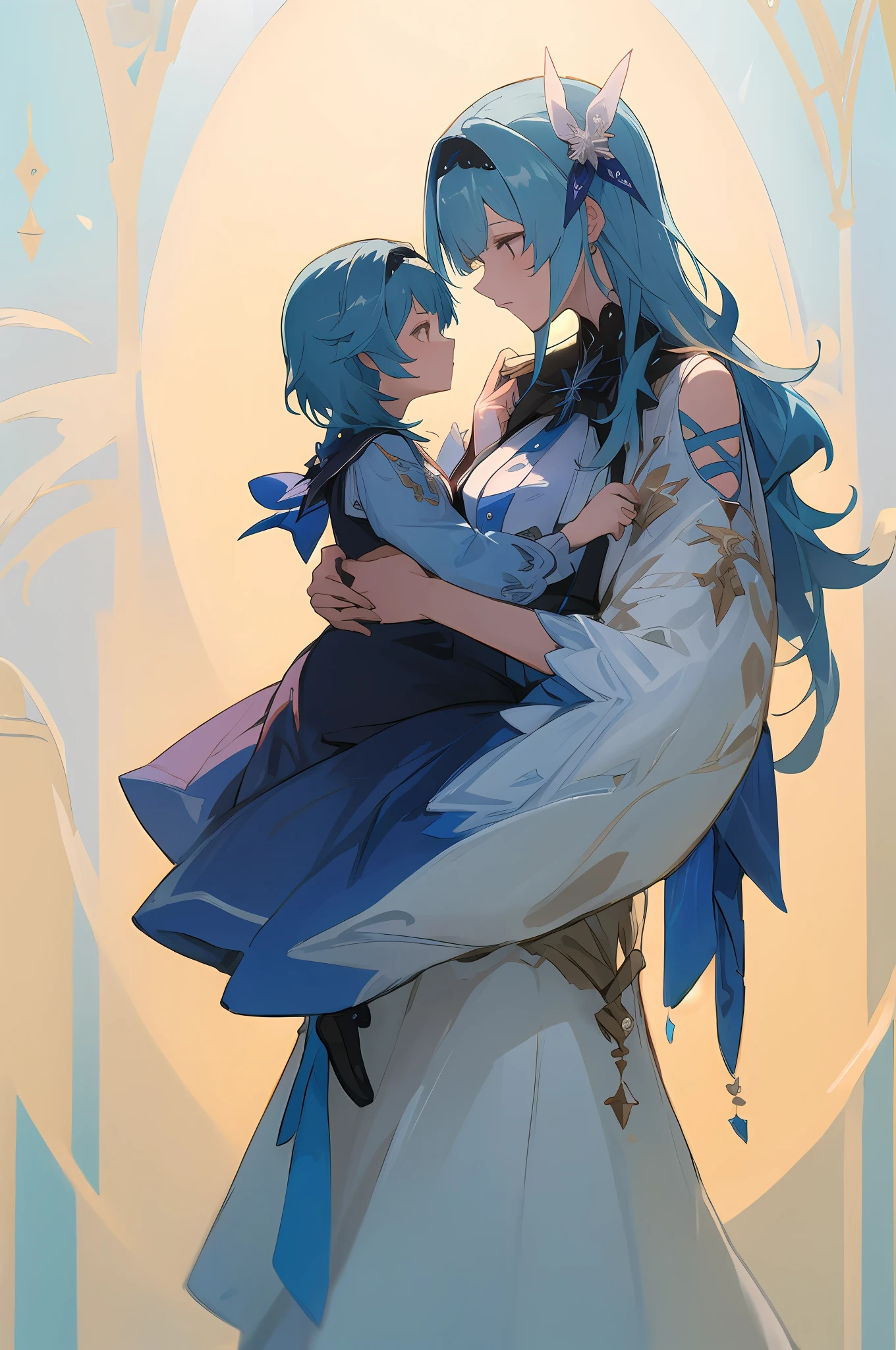 anime image of two women dressed in dress posing for a picture like princess clothing in summer, beautiful decoration on dress, palace a girl in palace, long hair, blue haired , anime fantasy illustration, from the azur lane videogame, genshin, Royal Princess detailed art, two beautiful anime girls, mother and child, symbol of maternal love, mother and child, such as photos of mother and child