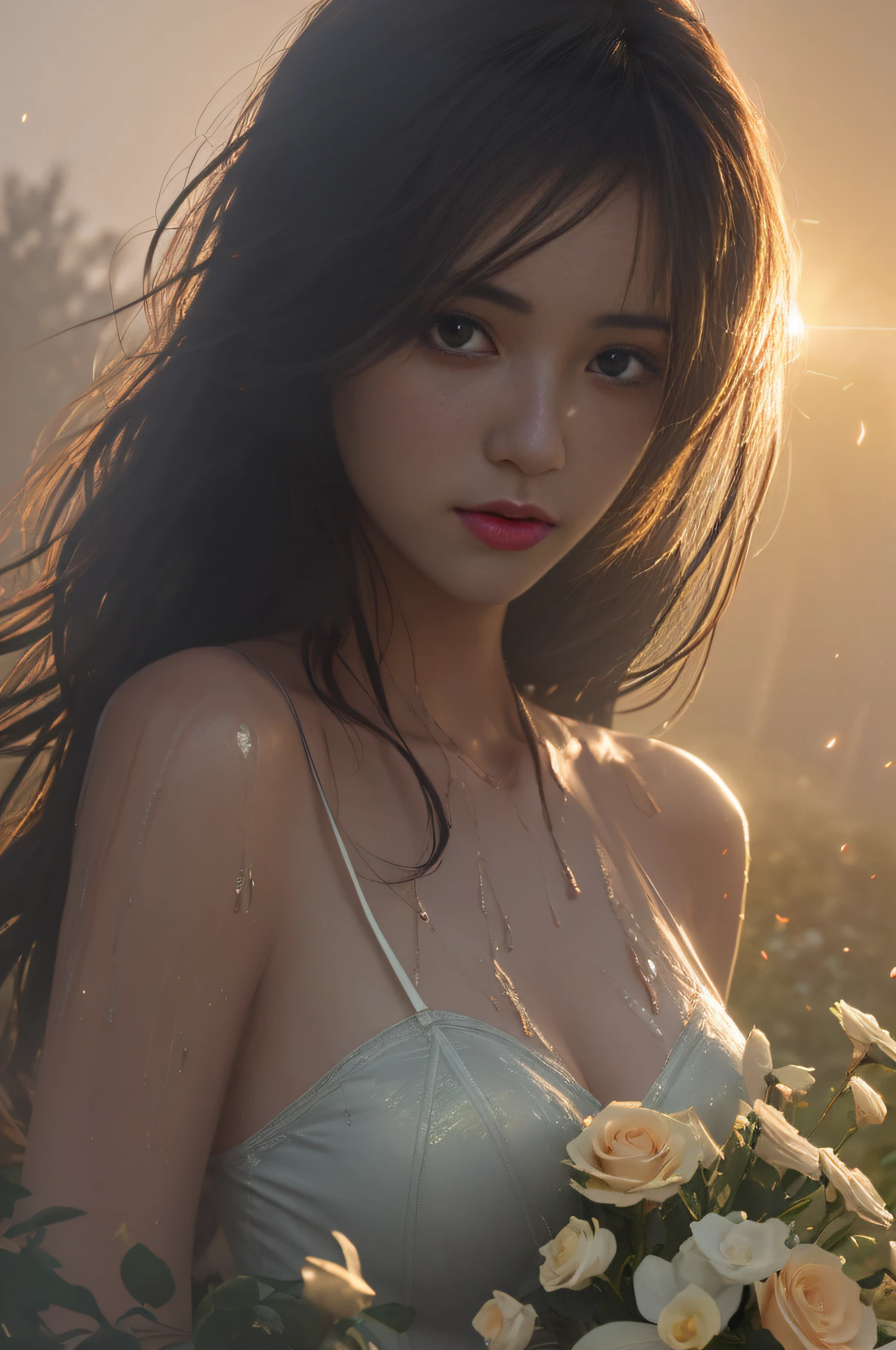 gorgeous woman in sexy wet lingerie, dust, sunrays, fireflies, hazy, dreamy, bathing in light, backlighting, romantic mood, dusty highway, flowers in wind, fog, haze, humid, rose petals, covered in flowers and petals, godrays, cozy, morning dew, backlighting, hazy, golden hour, morning light, countryside, shy, masterpiece, best quality, ultra-detailed, solo, smoke, shadows, contrast, close-up, cinematic light, side lighting, ultra high resolution, best shadow, RAW, 4k