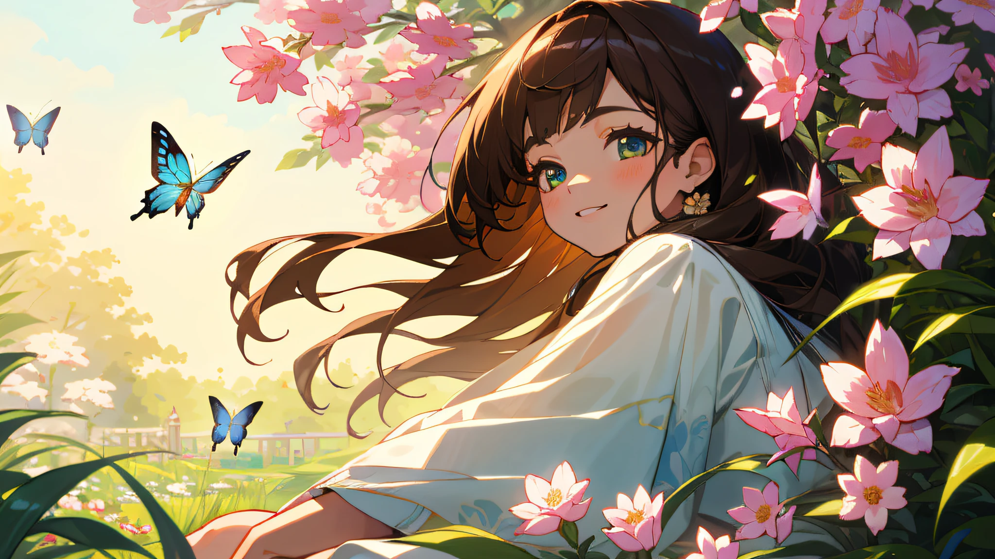 (detailed beautiful eyes and detailed face, masterpiece side light, masterpiece, best quality, detailed, high resolution illustration), (best quality, masterpiece, hyper-realism), 1 beautiful and delicate portrait of a girl, (sitting hunched over legs), hands on the ground, smile, grass, The expression is soft and peaceful, and the background scenery is a garden, flowers and butterflies flying around.