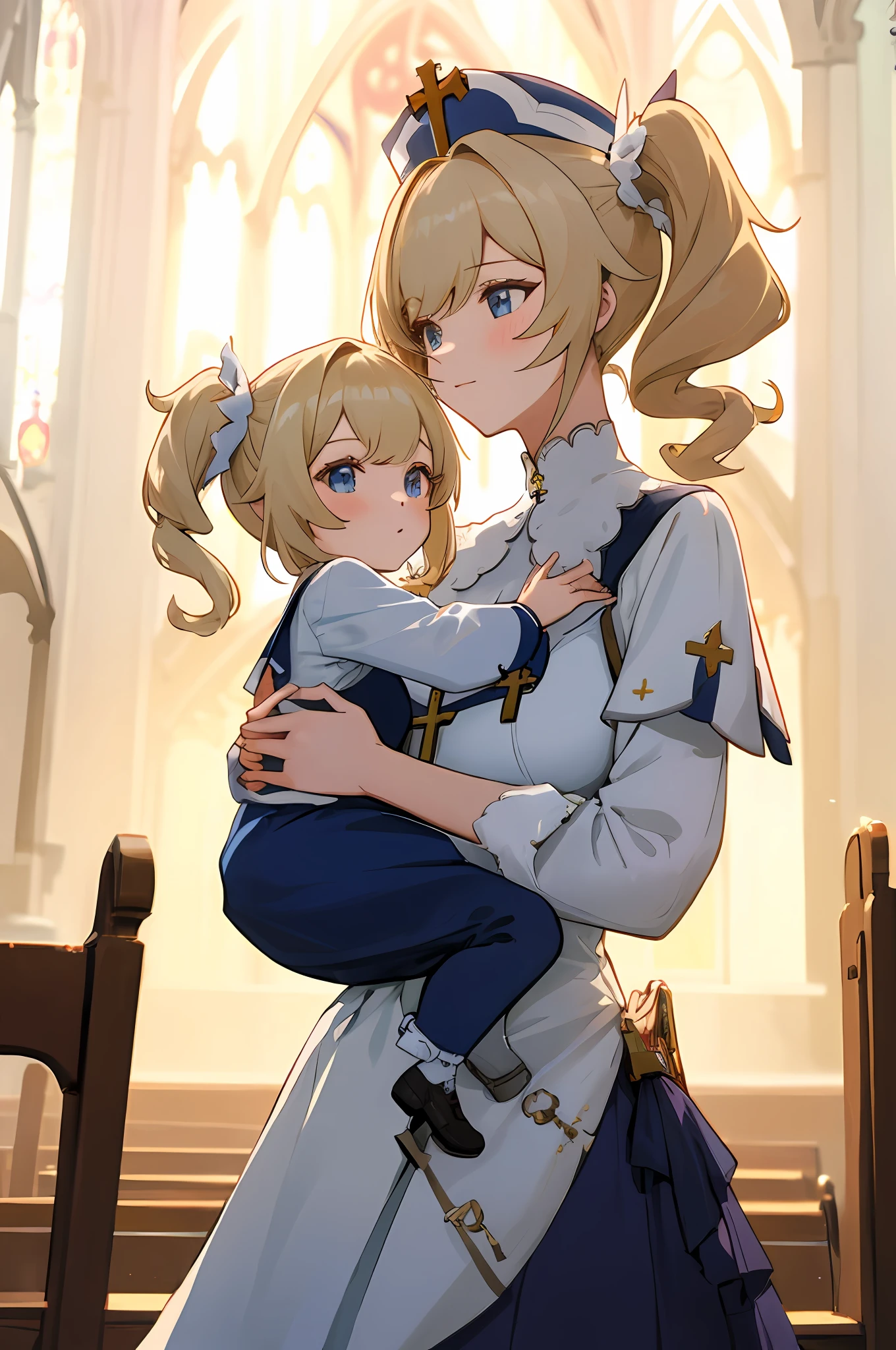 anime image of two women dressed nun posing for a picture like Nun clothing in summer, medium hair, Barbara Curly Blonde Ponytails, a girl in church, anime fantasy illustration, from the azur lane videogame, genshin, nun dress detailed art, two beautiful anime girls, mother and child, symbol of maternal love, mother and child, such as photos of mother and child