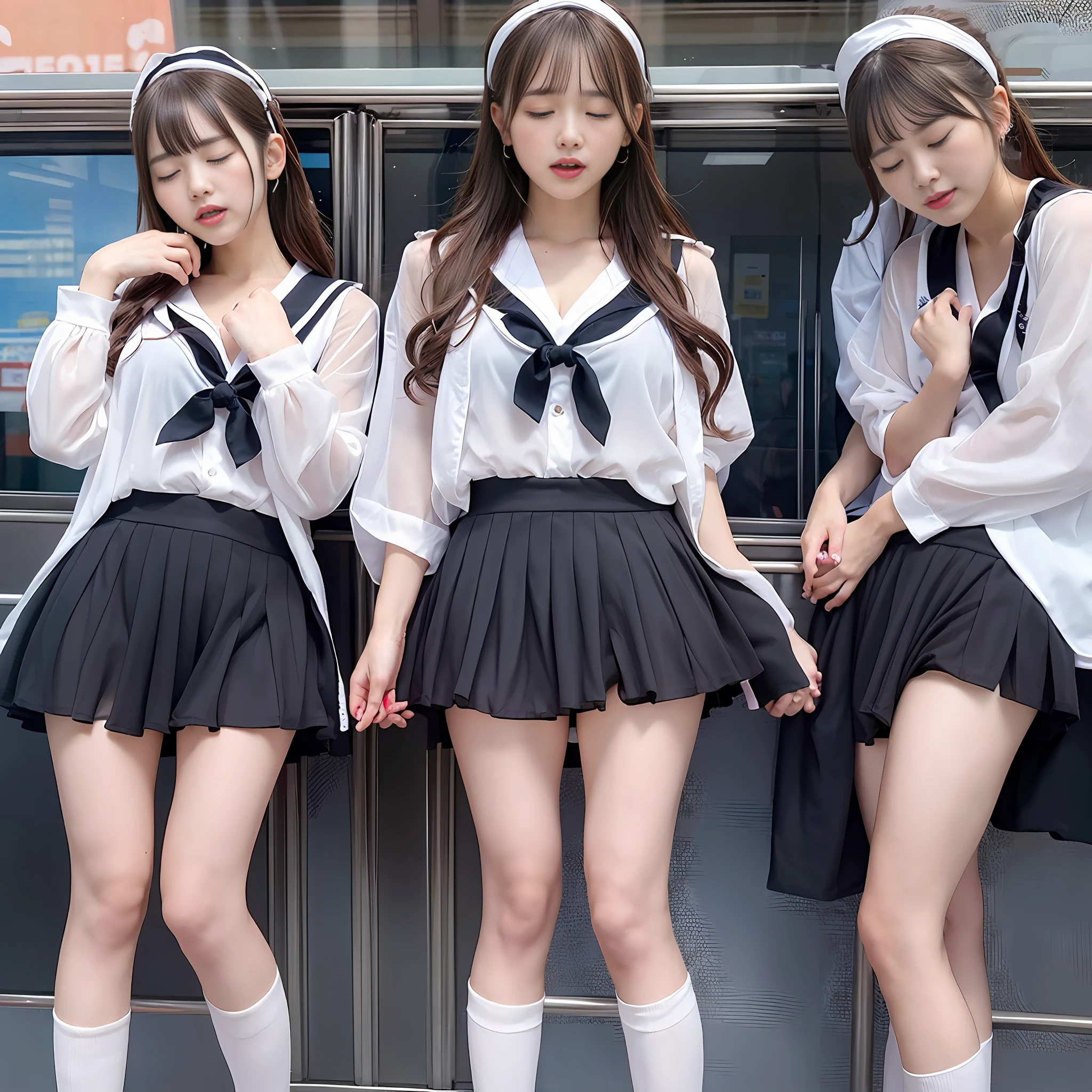 1 girl, multiple boys, breast grab, man grabbing breast, (crying: 1.1), eyes closed, mouth open, (on the bus: 1.1), full body, standing, (looking away: 1.1), small breasts, Japanese beautiful girl, transparent sailor suit, deep V sailor suit,