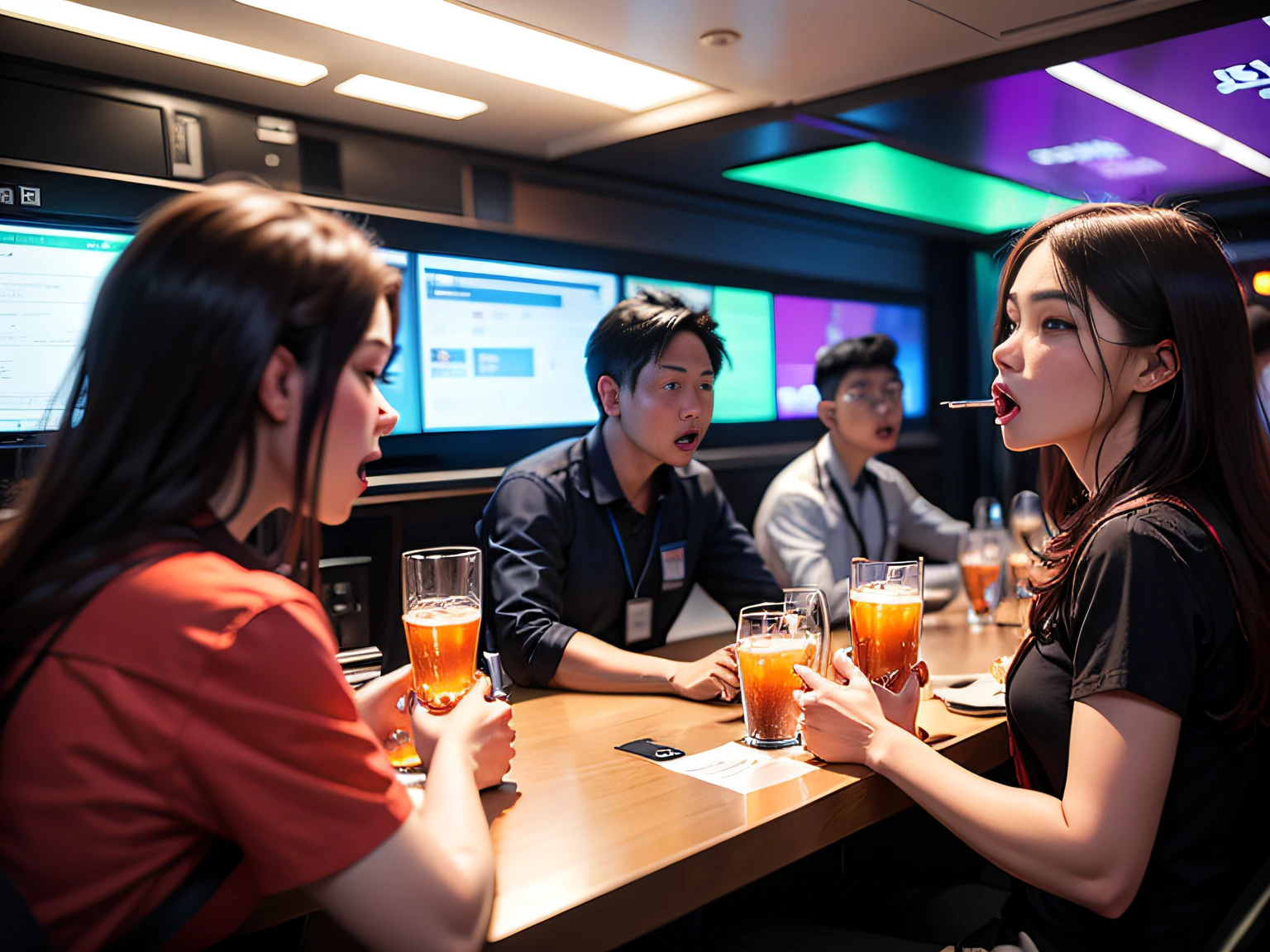 A civil aviation worker, in KTV, drinking, and there are several people around him, singing and chatting on the side