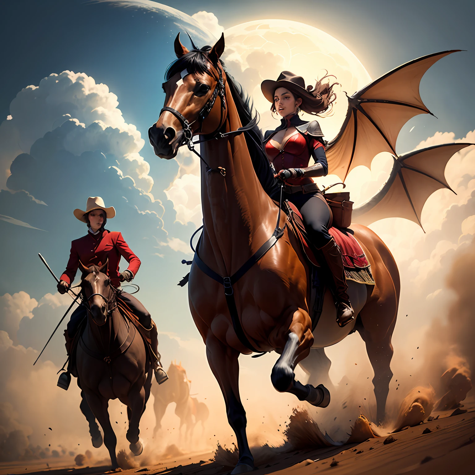 A woman in a red Tang costume rides a horse on the prairie, followed closely by a sandstorm, and two dragons fighting in the sky --auto