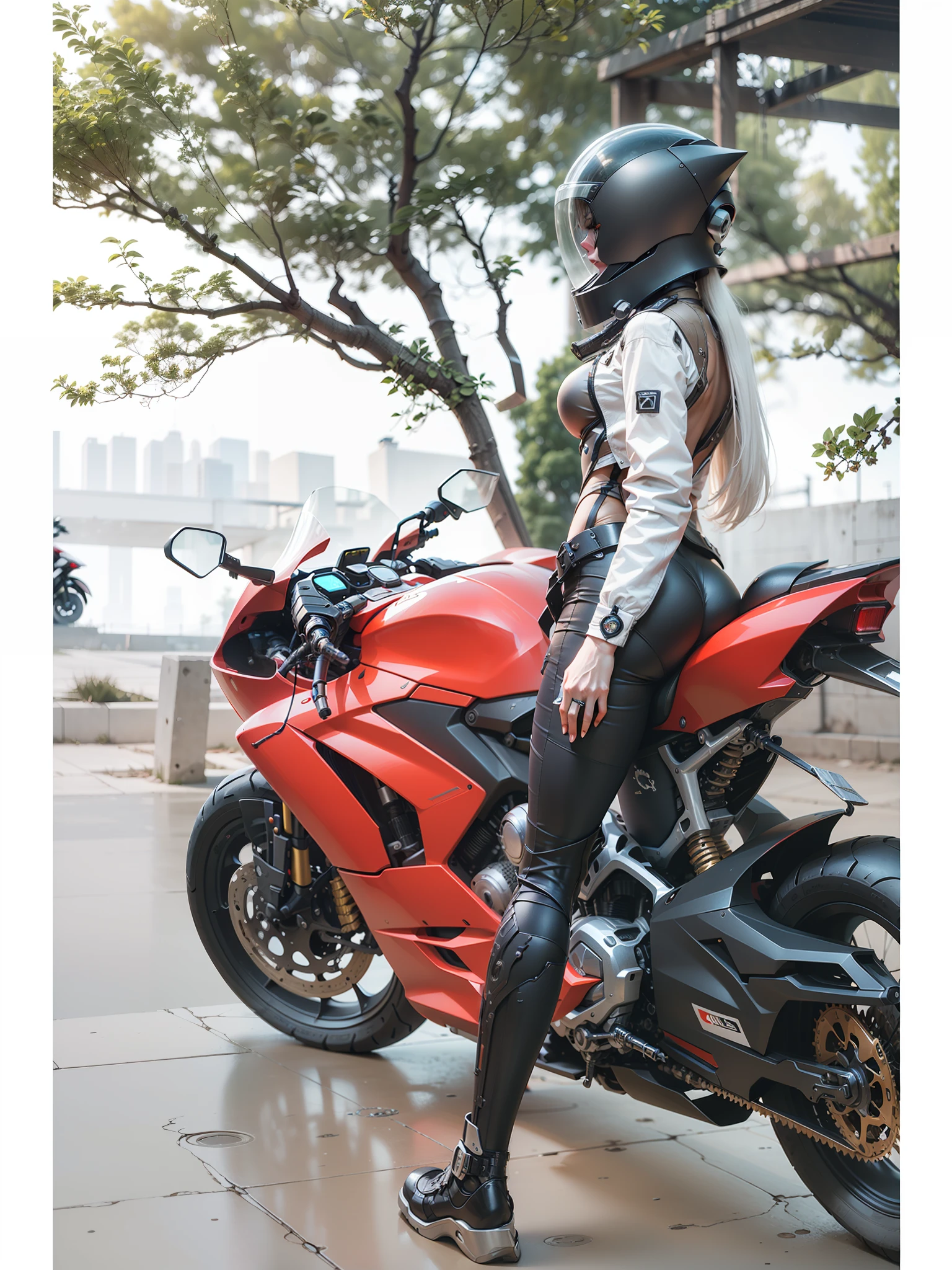 Sexy cyber female warrior and cyber mechanical motorcycle with long white hair. Full body exquisite high-tech armor, exquisite black tech helmet, Nousr, biomechanics, MSHN robot man, high-tech helmet, surreal, steel, intricate design, crazy details, fine details, extremely clear lines, cinematic lighting, photo realism, detailed masterpiece
