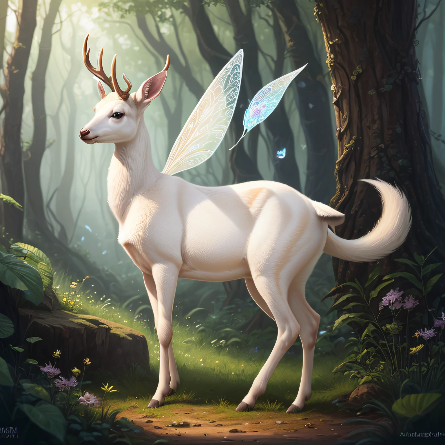 There is a pure white fawn with fairy wings on its back, (white, 1.5), anthropomorphic deer, good-looking face shape, realistic fantasy illustration, whole body radiant, mythical creatures, realistic fantasy rendering, leprechaun queen of summer forest, digital painting highly detailed, fantasy art act, cute forest creatures, highly detailed digital painting, magic fantasy highly detailed, beautiful digital artwork, cute digital painting --auto