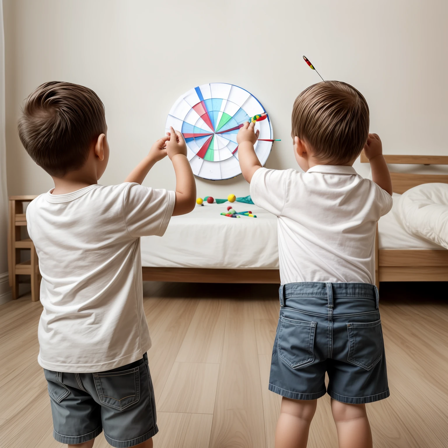 Best quality, masterpiece, two throwing darts in room with their backs to the camera, white background wall, middle target, small children, soft light, best quality, rich detail, looks realistic, wonderful details, incredible depth, high quality details