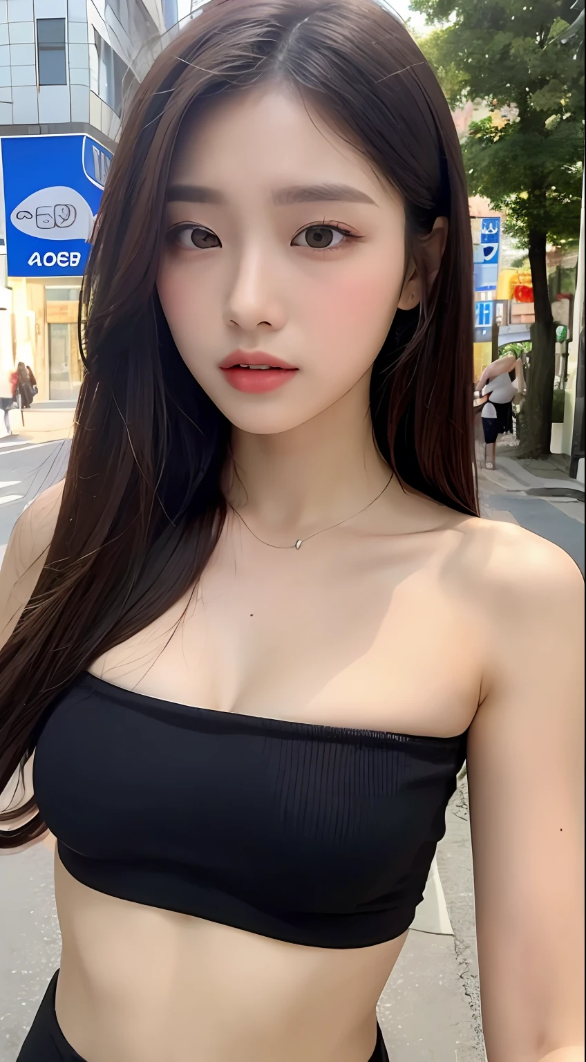 ((Realistic lighting, Best quality, 8K, Masterpiece, medium shot: 1.3)), Clear focus: 1.2, 1girl, Perfect Figure: 1.4, Slim Abs: 1.1, ((Dark brown hair)), (strapless colorful tank-top: 1.4), (Outdoor, Night: 1.1), City streets, Super fine face, Fine eyes, Double eyelids,