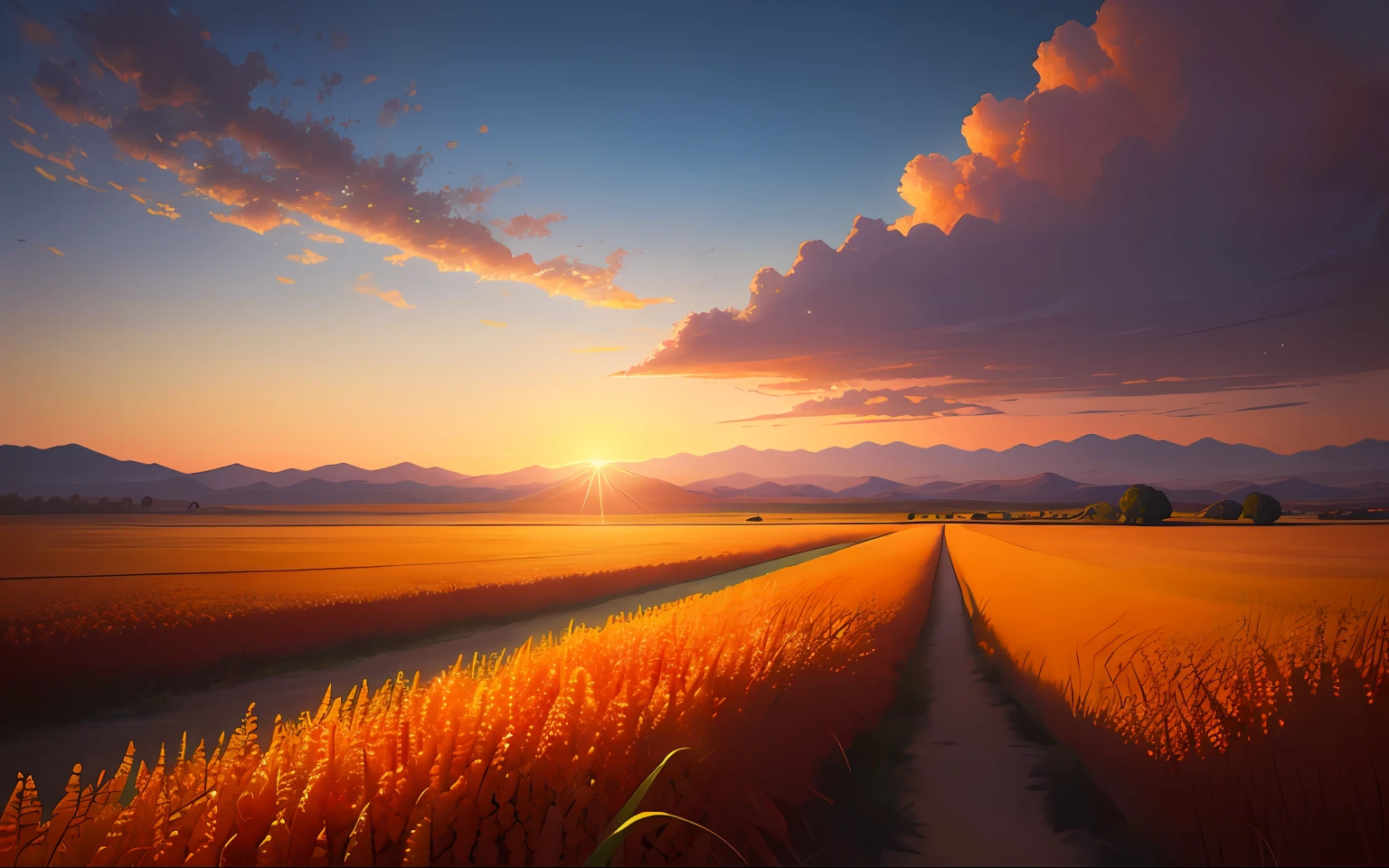(Digital Painting), (Best Quality), Scenic View, Sorghum Field, (Sorghum: 1.5), Sunset, Sunset, Clouds, Blue Sky, Dust, Dusty, 8k Hyperrealism, Soft Color Scheme, Soft Lighting, Golden Hour, Peaceful Atmosphere, Landscape