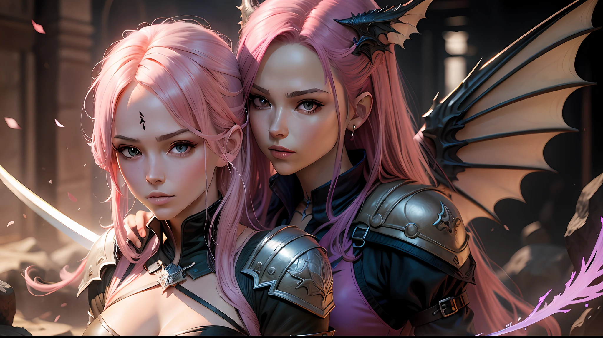 A girl with long pink hair, light eyes, wearing red devil horns, beautiful, loose hair, close-up --auto