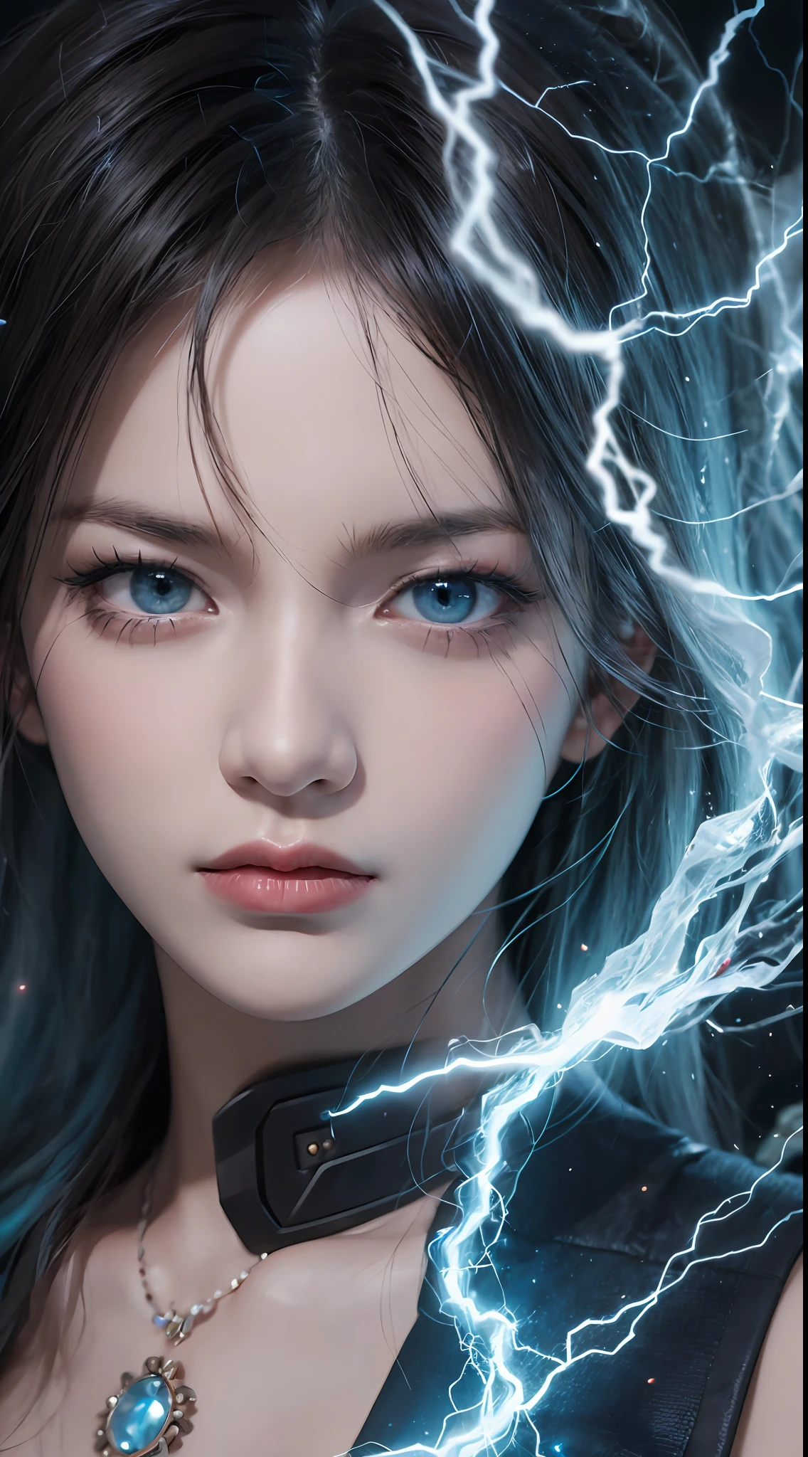 best quality, masterpiece, ultra high res, close up portrait, upper body shot, a beautiful thunder goddess, lightning spark in her eyes, intricate design, realistic details, powerful, front facing, furious gaze, anger, electric energy coming out of her body, blue lightning, thunderstorm, realistic lightning effect, light blue particles, dark fantasy art style, hyperrealism, realistic, dramatic lighting, cinematic