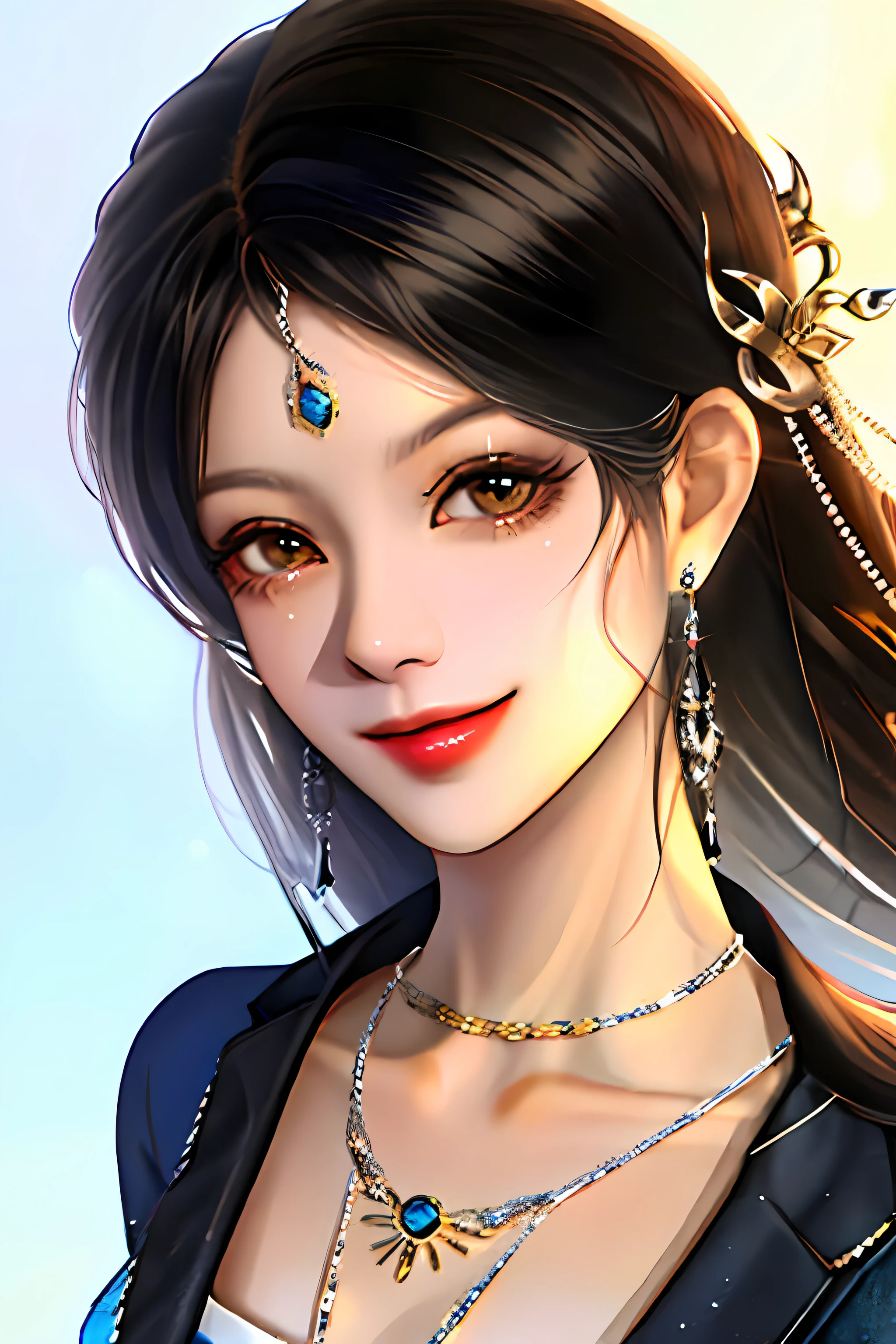 1girl, black hair, closed mouth, earrings, flower, hair ornament, jewelry, long hair, looking at viewer, necklace, portrait, smile, solo, upper body,(shiny skin),(masterpiece:1.4),(best quality:1.4)