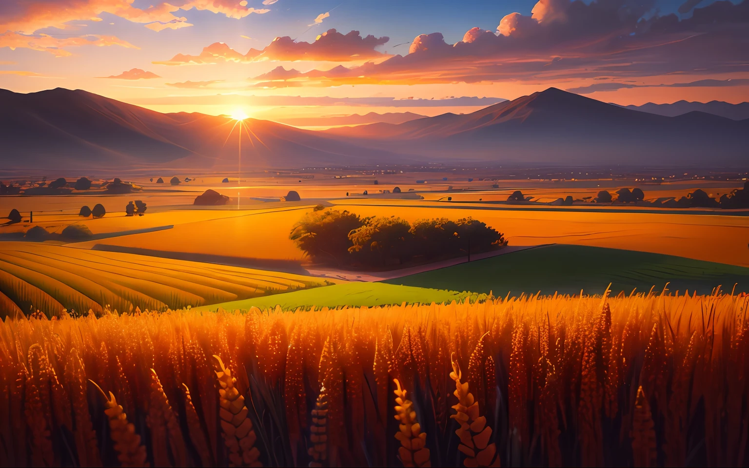 (Digital Painting), (Best Quality), Scenic View, Sorghum Field, (Sorghum: 1.5), Sunset, Sunset, Clouds, Blue Sky, Dust, Dusty, 8k Hyperrealism, Soft Color Scheme, Soft Lighting, Golden Hour, Peaceful Atmosphere, Landscape