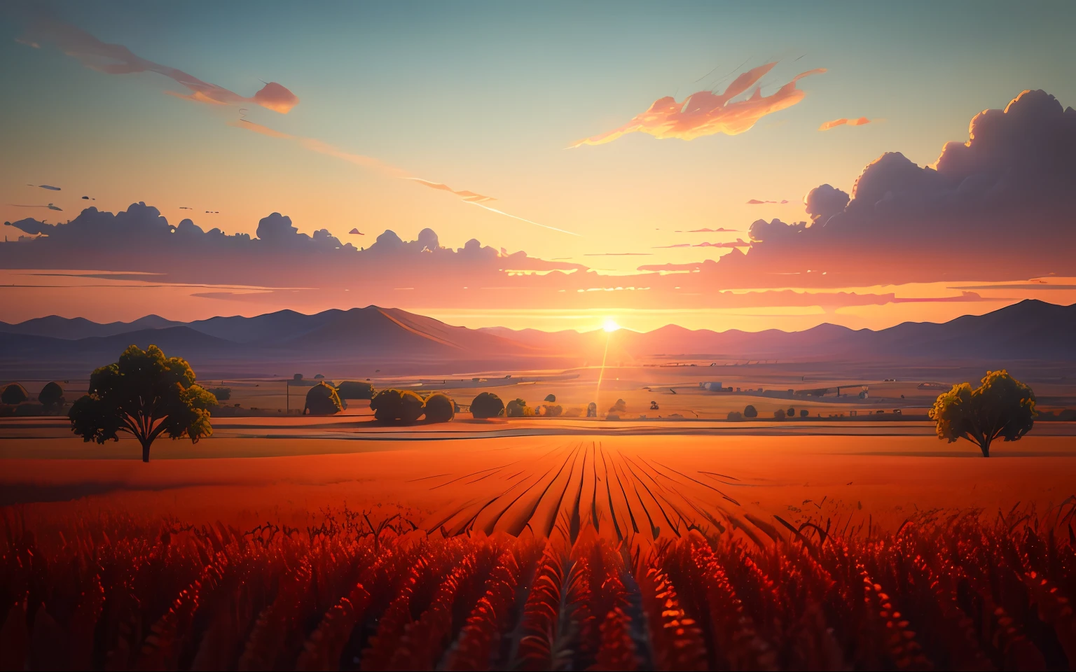 (Digital Painting), (Best Quality), Scenic View, Sorghum Field, (Sorghum: 1.5), Sunset, Sunset, Clouds, Blue Sky, Dust, Dusty, 8k Hyperrealism, Soft Color Scheme, Soft Lighting, Golden Hour, Peaceful Atmosphere, Landscape