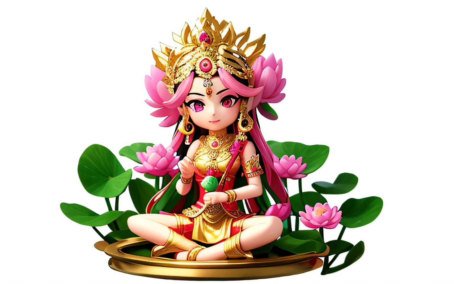 a close up of a figurine of a woman sitting on a flower, indian goddess of wealth, gilded lotus princess, hindu god, pink lotus queen, standing gracefully upon a lotus, sitting on a lotus flower, q posket, lotus, nendoroid 3 d, lotus floral crown girl, waterlily mecha nymphaea, indian god, flower goddess