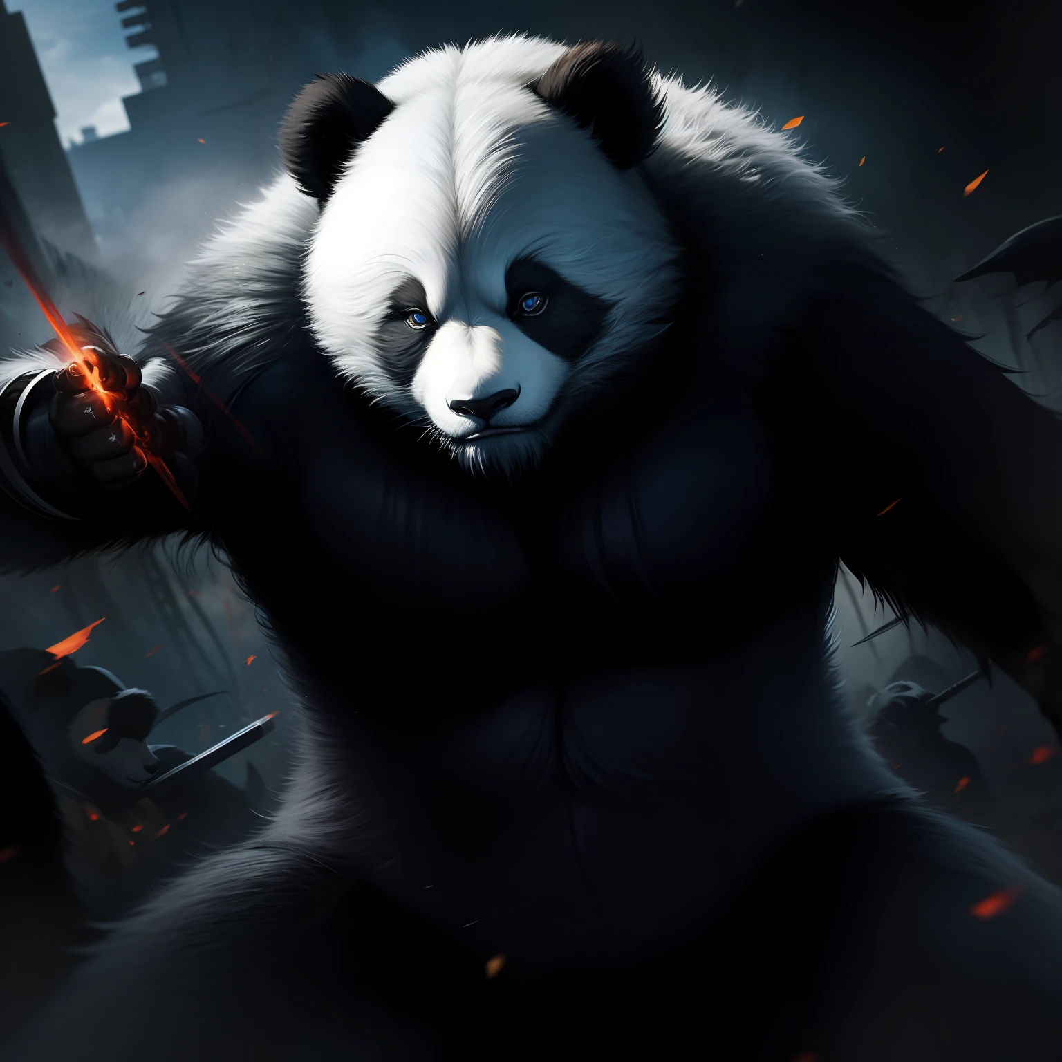 illustration of a panda warrior in the midst of an intense battle. Show the panda warrior in a powerful and confident pose, showcasing its strength and martial prowess. Use vibrant colors and detailed textures to bring the panda warrior's armor and weaponry to life. Depict the battlefield with dramatic lighting and atmospheric effects, creating a sense of chaos and action. Show the panda warrior engaged in combat, surrounded by adversaries and displaying impressive martial arts techniques. Pay attention to small details, such as the expressions and body language of the panda warrior and its opponents, to convey the intensity of the battle. Overall, create a visually striking and adrenaline-pumping image that captures the courage and ferocity of the panda warrior in battle.