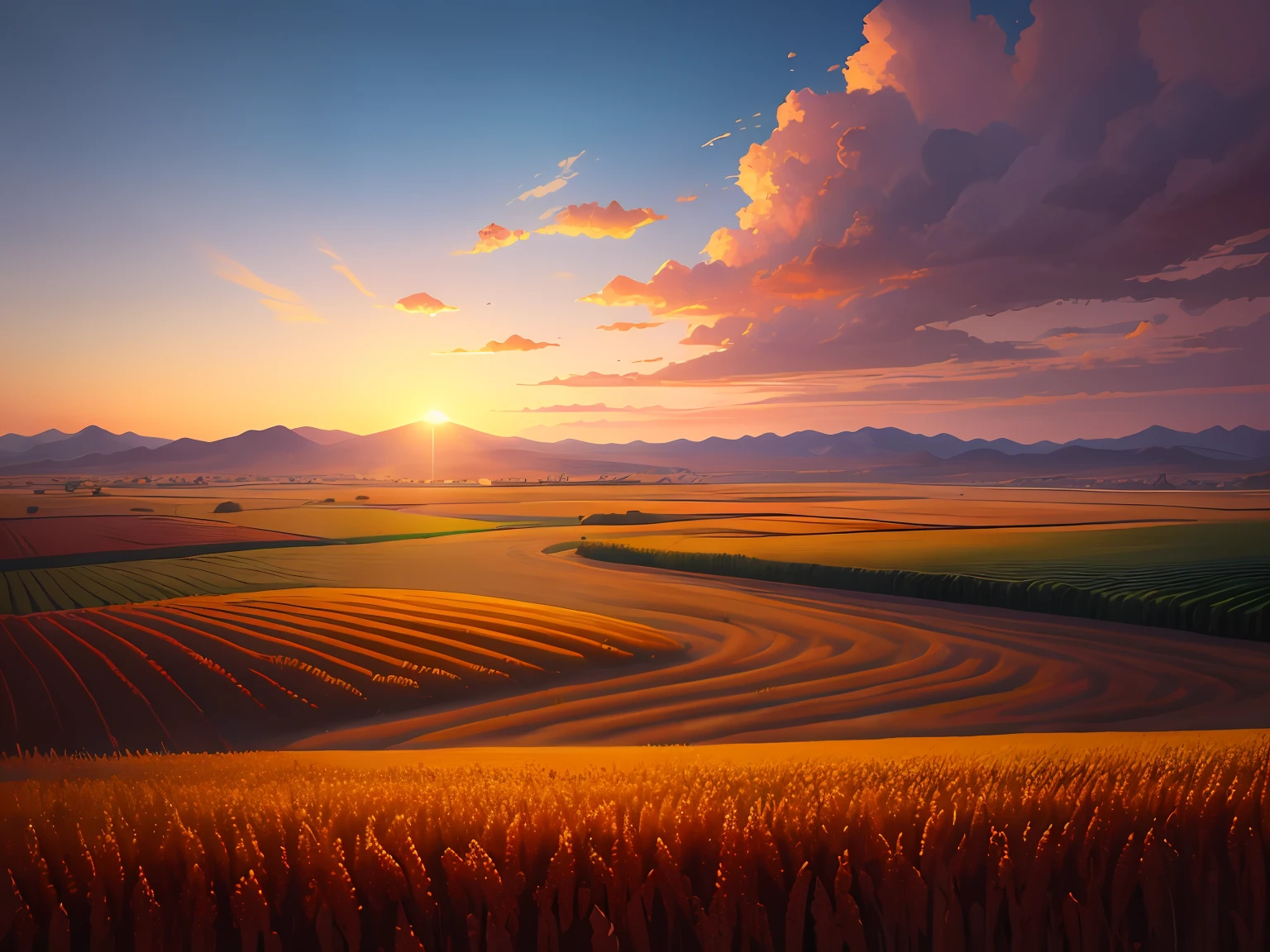 (Digital Painting), (Best Quality), Scenic View, Sorghum Field, (Sorghum: 1.5), Sunset, Sunset, Clouds, Blue Sky, Dust, Dusty, 8k Hyperrealism, Soft Color Scheme, Soft Lighting, Golden Hour, Peaceful Atmosphere, Landscape