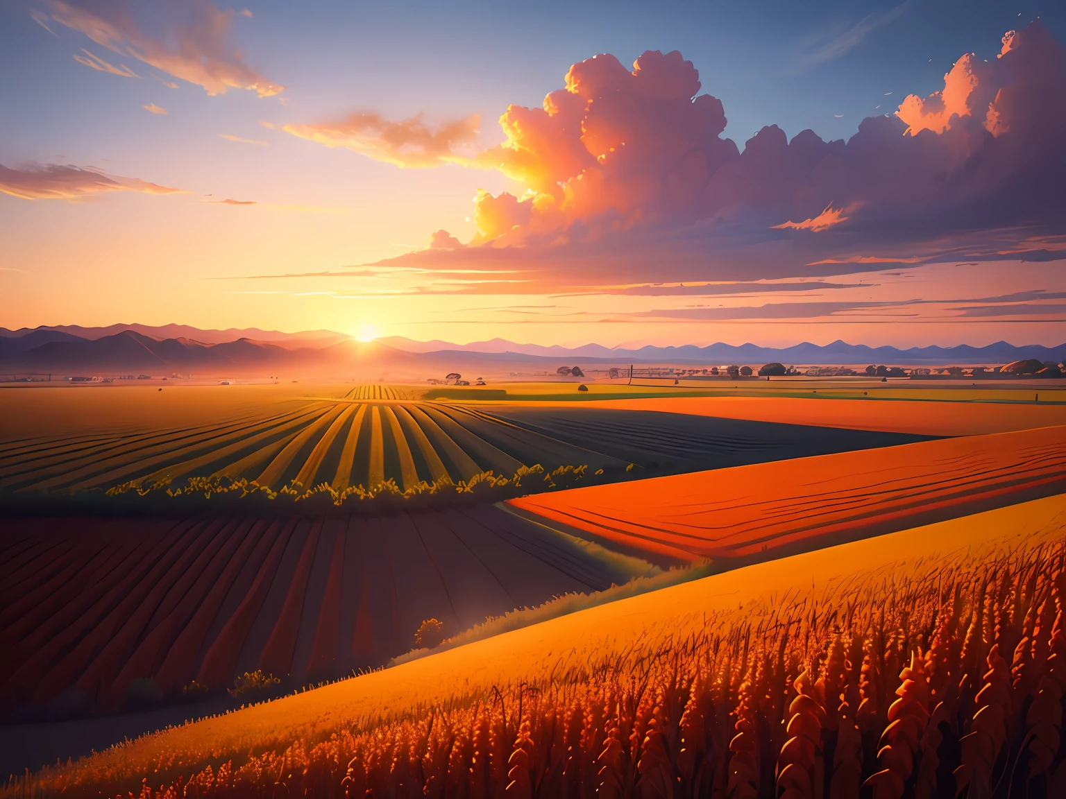 (Digital Painting), (Best Quality), Scenic View, Sorghum Field, (Sorghum: 1.5), Sunset, Sunset, Clouds, Blue Sky, Dust, Dusty, 8k Hyperrealism, Soft Color Scheme, Soft Lighting, Golden Hour, Peaceful Atmosphere, Landscape